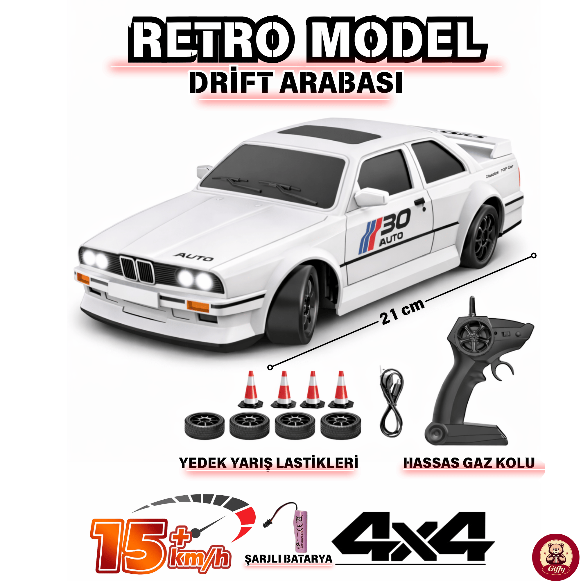 Oyuncak BMW E30 Drift Araba 4x4 Uzaktan Kumandalı Araba 2.4GHz Şarjlı LED Işıklı 15 Km Hız Araba Beyaz