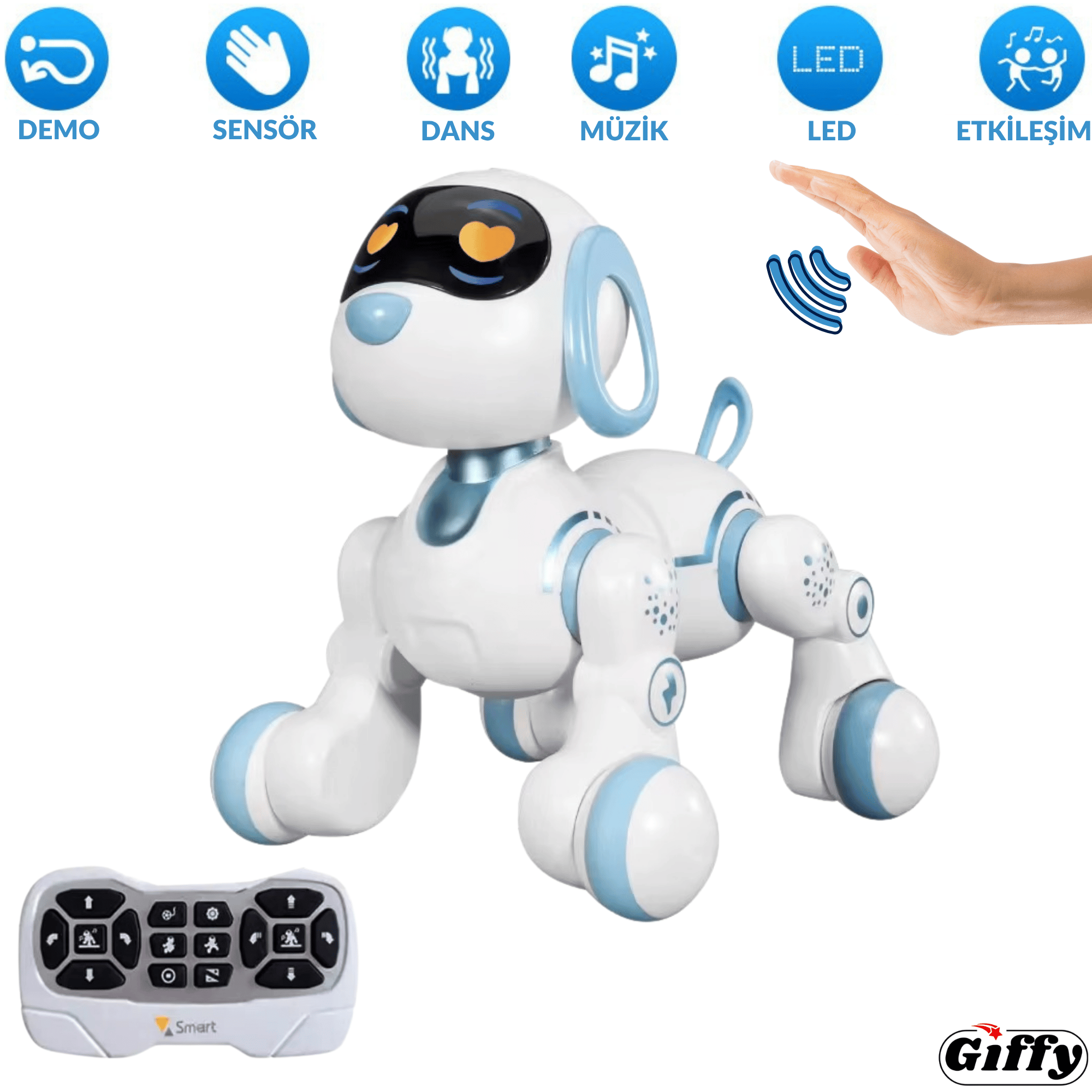Oyuncak Full Fonksiyon Uzaktan Kumandalı El Sensörlü Şarjlı Işıklı Müzikli Dansçı Robot Köpek