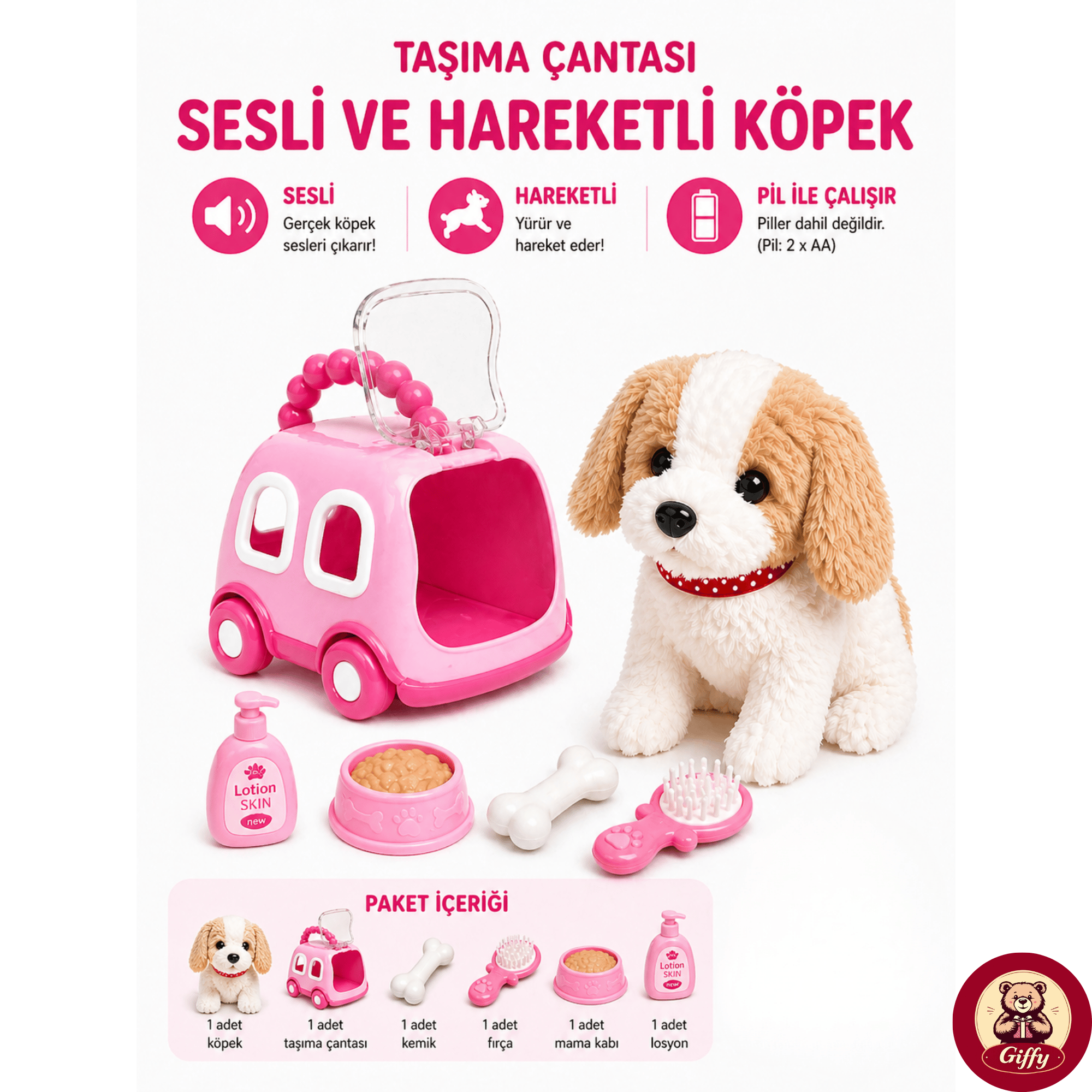 Oyuncak Köpek Taşıma Çantalı Sesli Hareketli Pilli, Emekleme Oyuncağı Aksesuarlı Çocuklar İçin Eğitici Hayvan Sevgisi (Pembe)