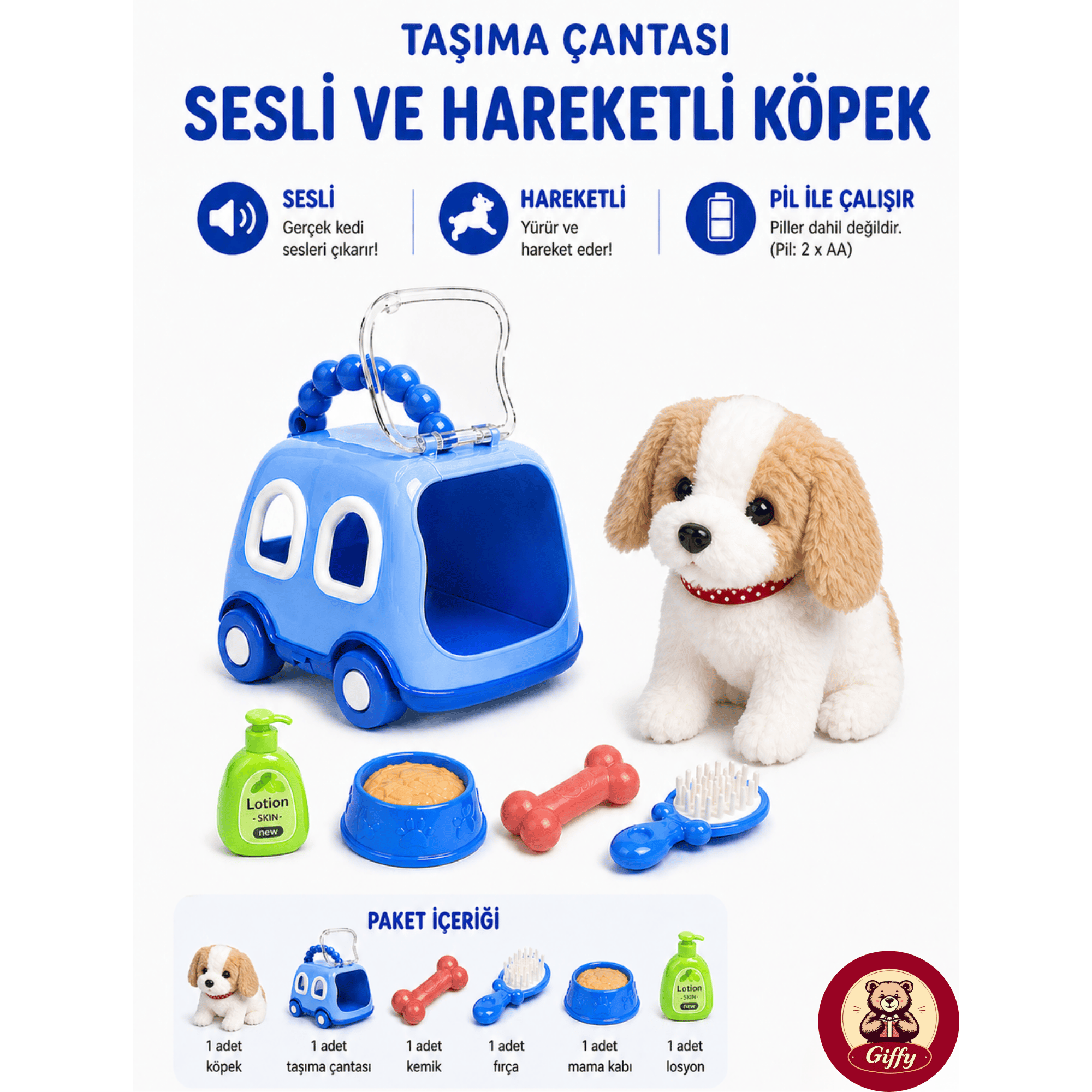 Oyuncak Köpek Taşıma Çantalı Sesli Hareketli Pilli, Emekleme Oyuncağı Aksesuarlı Çocuklar İçin Eğitici Hayvan Sevgisi (Mavi)