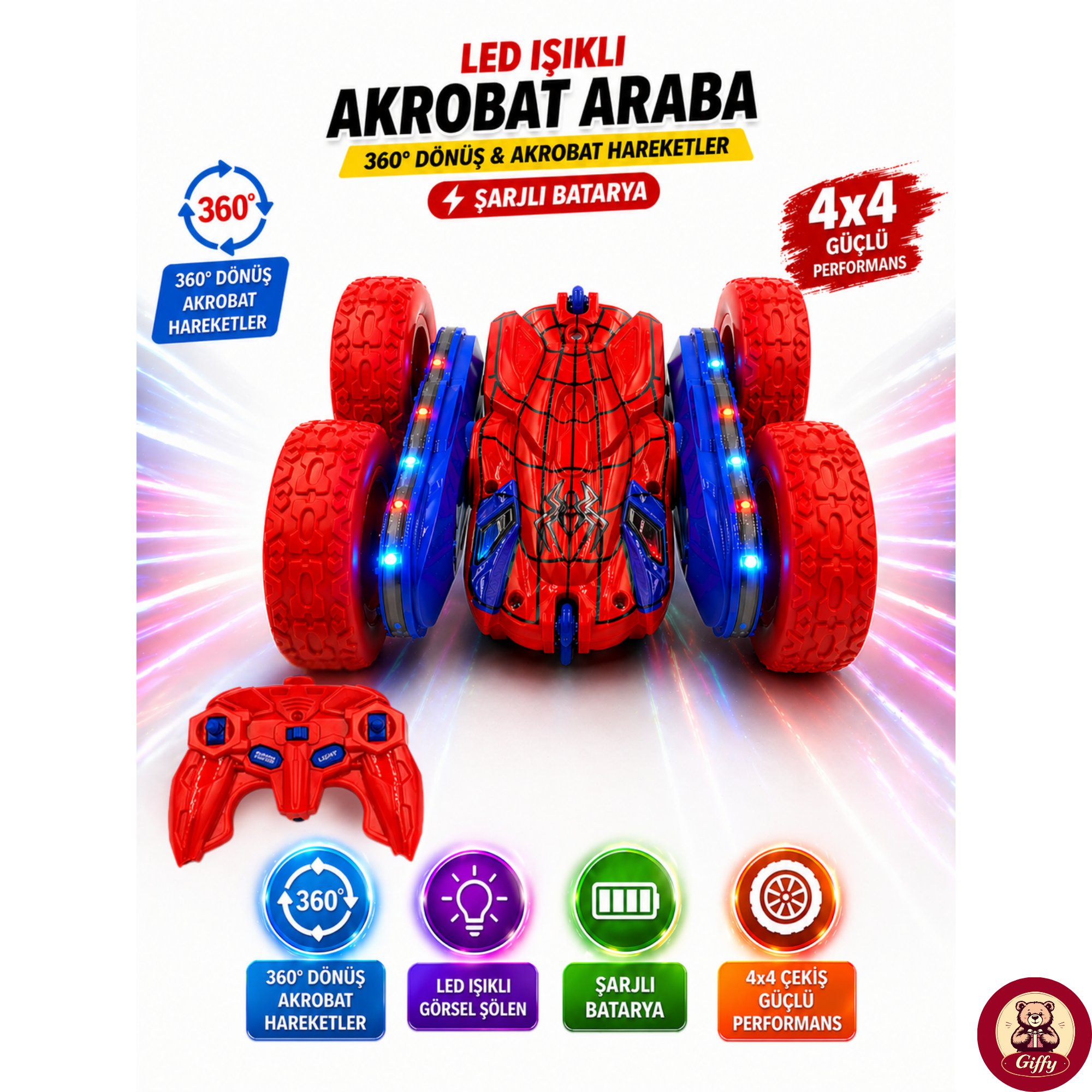 Oyuncak LED Işıklı 360° Akrobat Uzaktan Kumandalı Araba Şarjlı 4x4 Off Road Dublör Oyuncak Araba (Kırmızı)