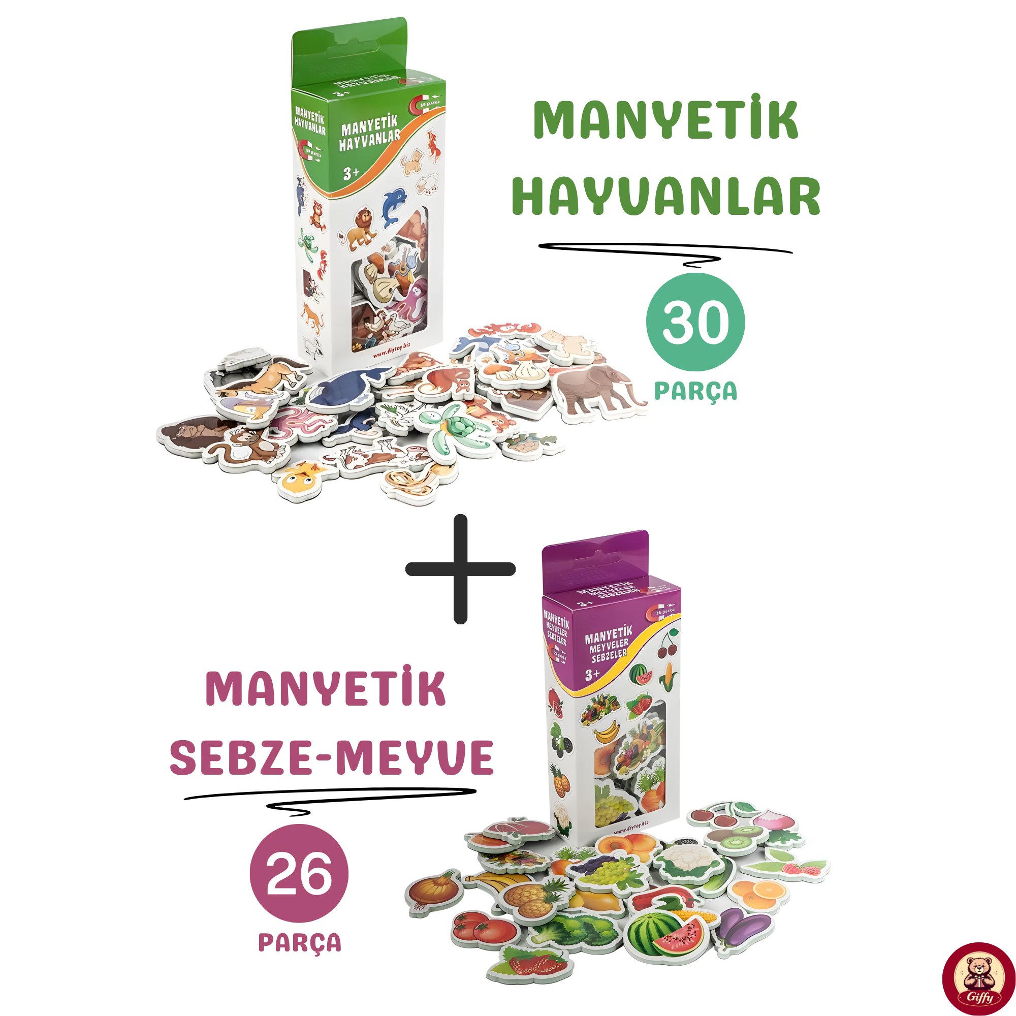 Oyuncak Manyetik Mıknatıslı 30 Parça Hayvanlar ve 26 Parça Sebze Meyveler Eğitici Set Magnet