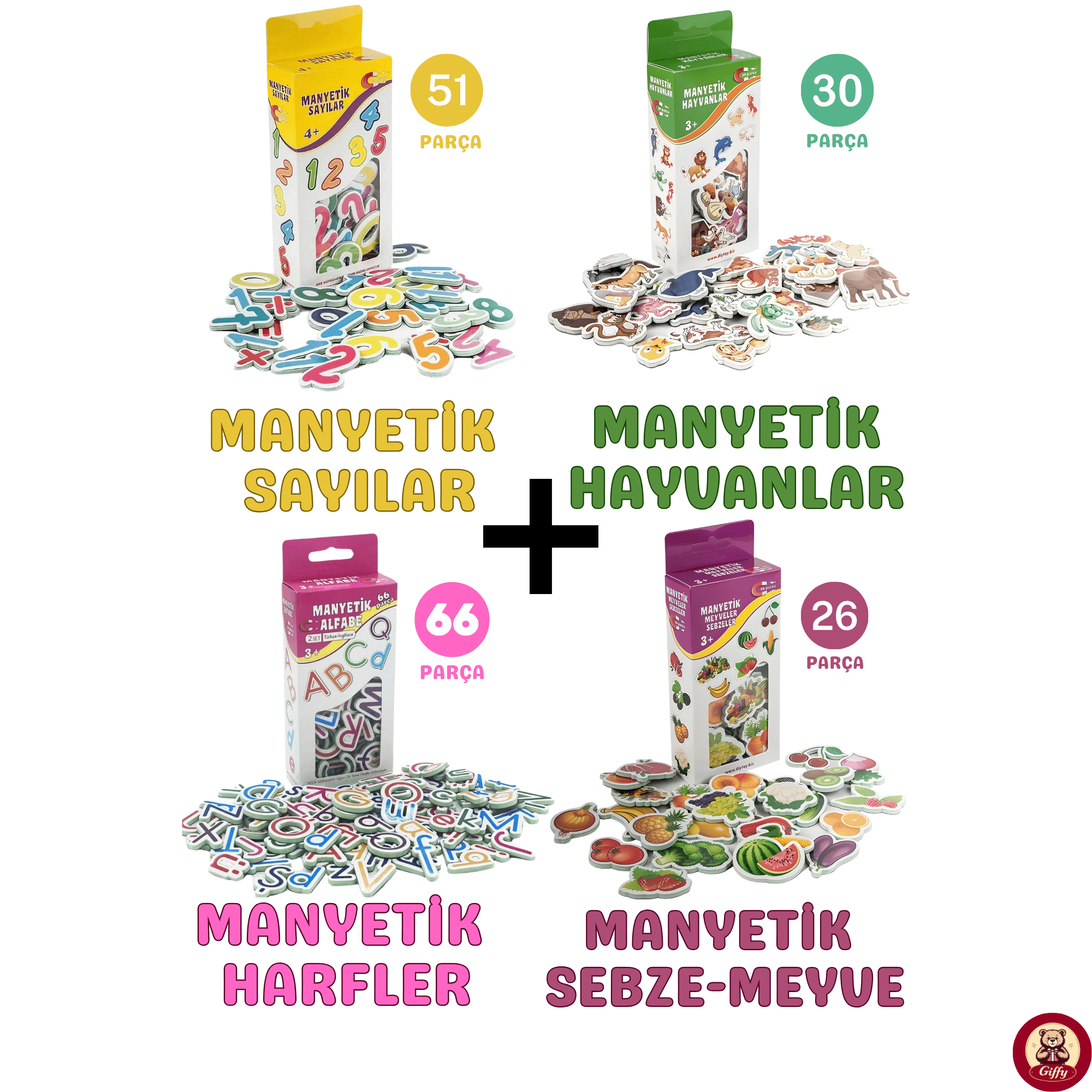 Oyuncak Manyetik Mıknatıslı 51 Parça Sayılar 30 Parça Hayvanlar 66 Parça Harfler 26 Prça Meyve Sebze