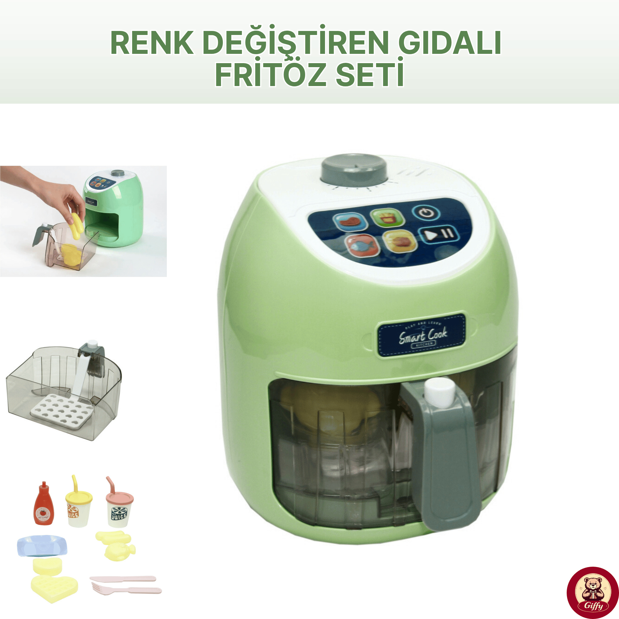 Oyuncak Sesli Işıklı Aksesuarlı Renk Değiştiren Gıdalı Dokunmatik Fritöz Seti - Evcilik Oyun Set