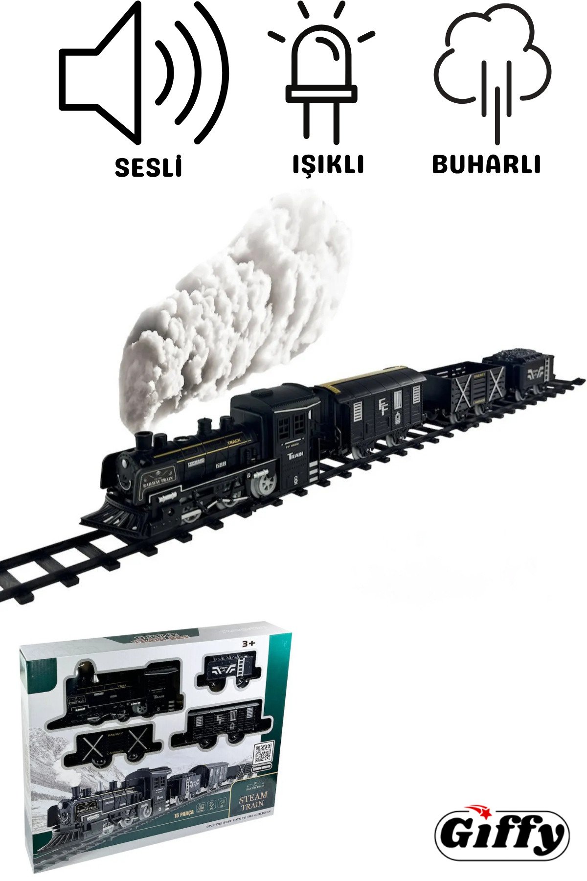 Oyuncak Sesli Işıklı Ve Buharlı Tren 15 Parça Oyun Buhar Atan Klasik 63 Cm Tren 4 Vagonlu