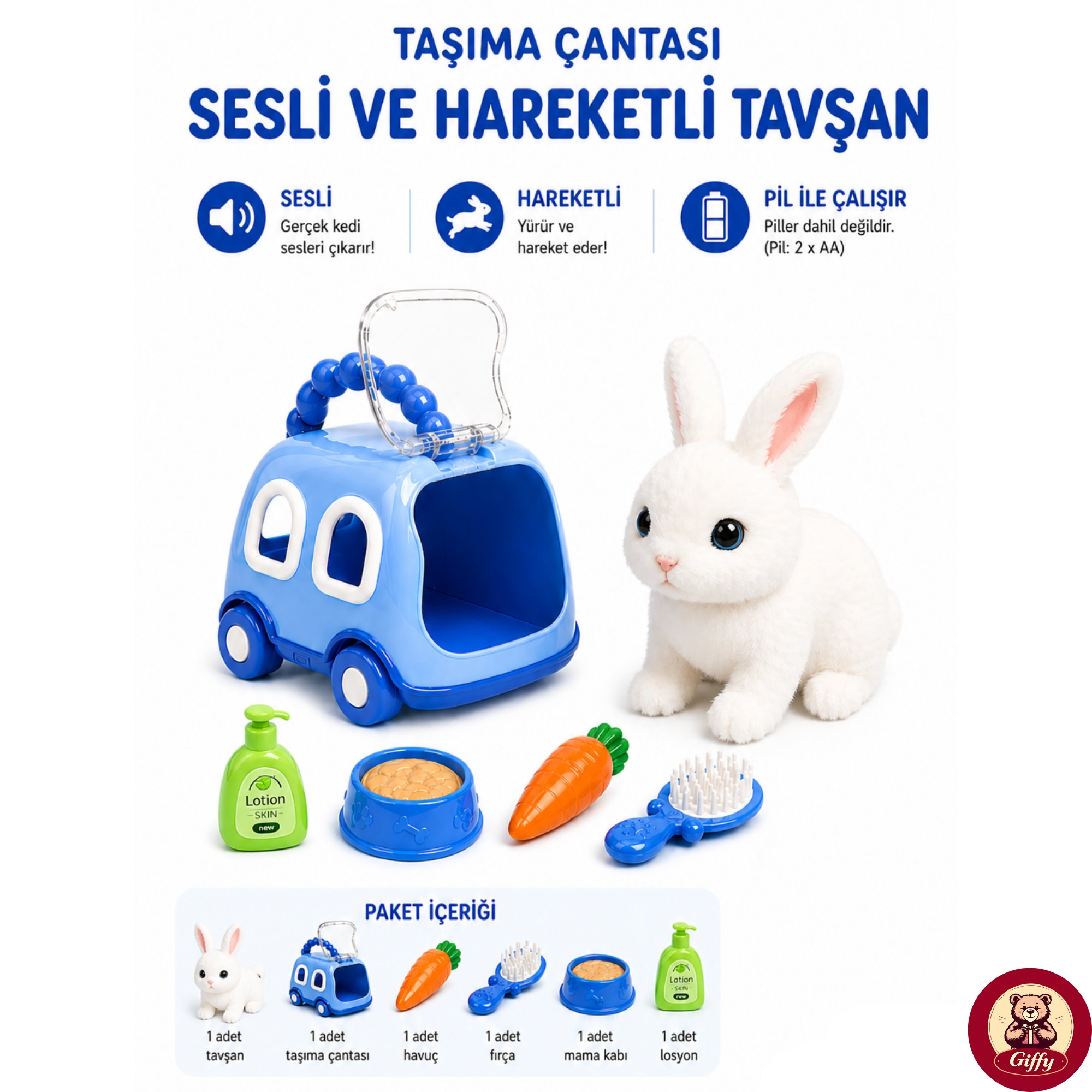 Oyuncak Tavşan Taşıma Çantalı Sesli Hareketli Pilli, Emekleme Oyuncağı Aksesuarlı Çocuklar İçin Eğitici Hayvan Sevgisi (Mavi)