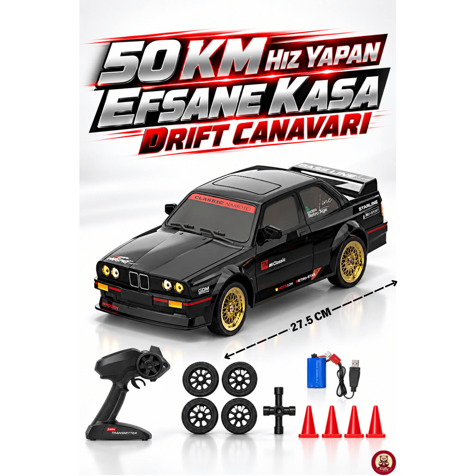 Oyuncak Uzaktan Kumandalı 50 KM/H Hızlı Drift Araba ESP Denge Sistemli 370 Motorlu Şarjlı LED Işıklı RC Araba 27,5 cm (Siyah)