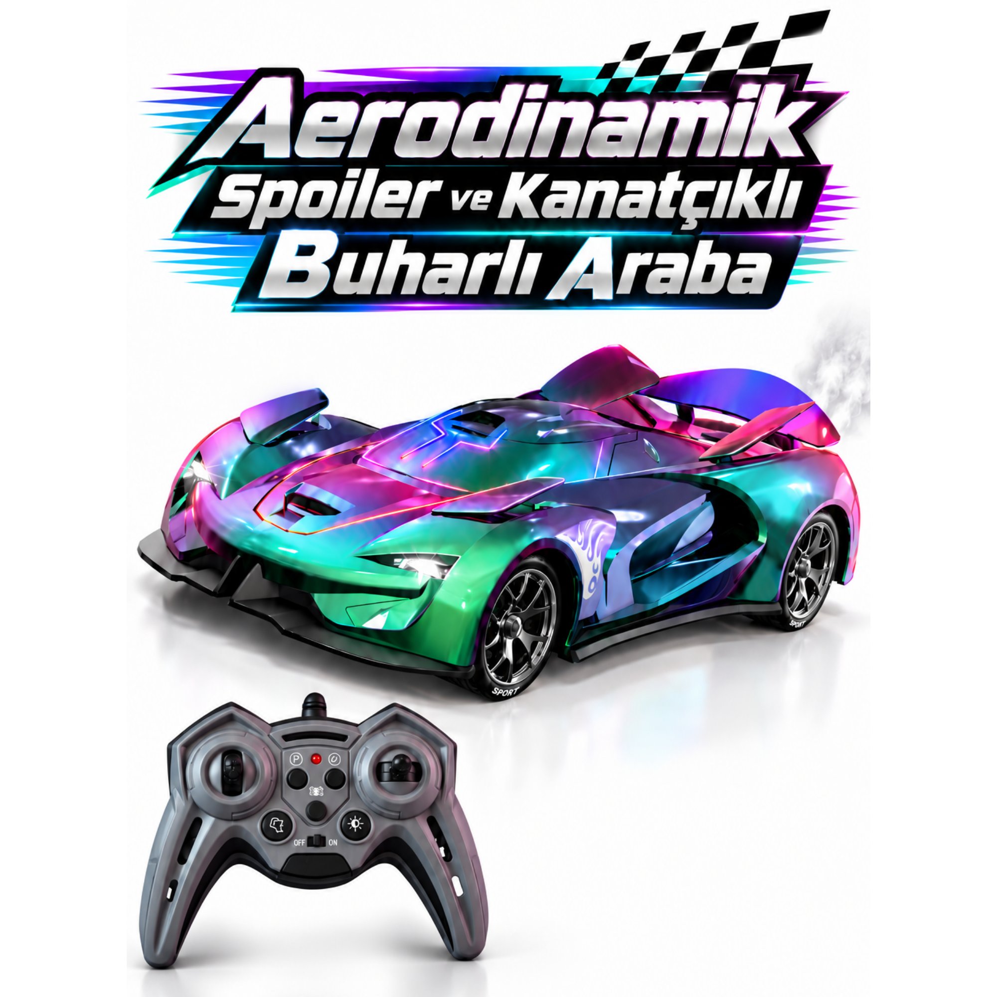 Oyuncak Uzaktan Kumandalı Buharlı Araba Aerodinamik Spoiler ve Kanatçıklı LED Işıklı Dahili Şarjlı Park Simülasyonlu Drift Araba (Parlak)