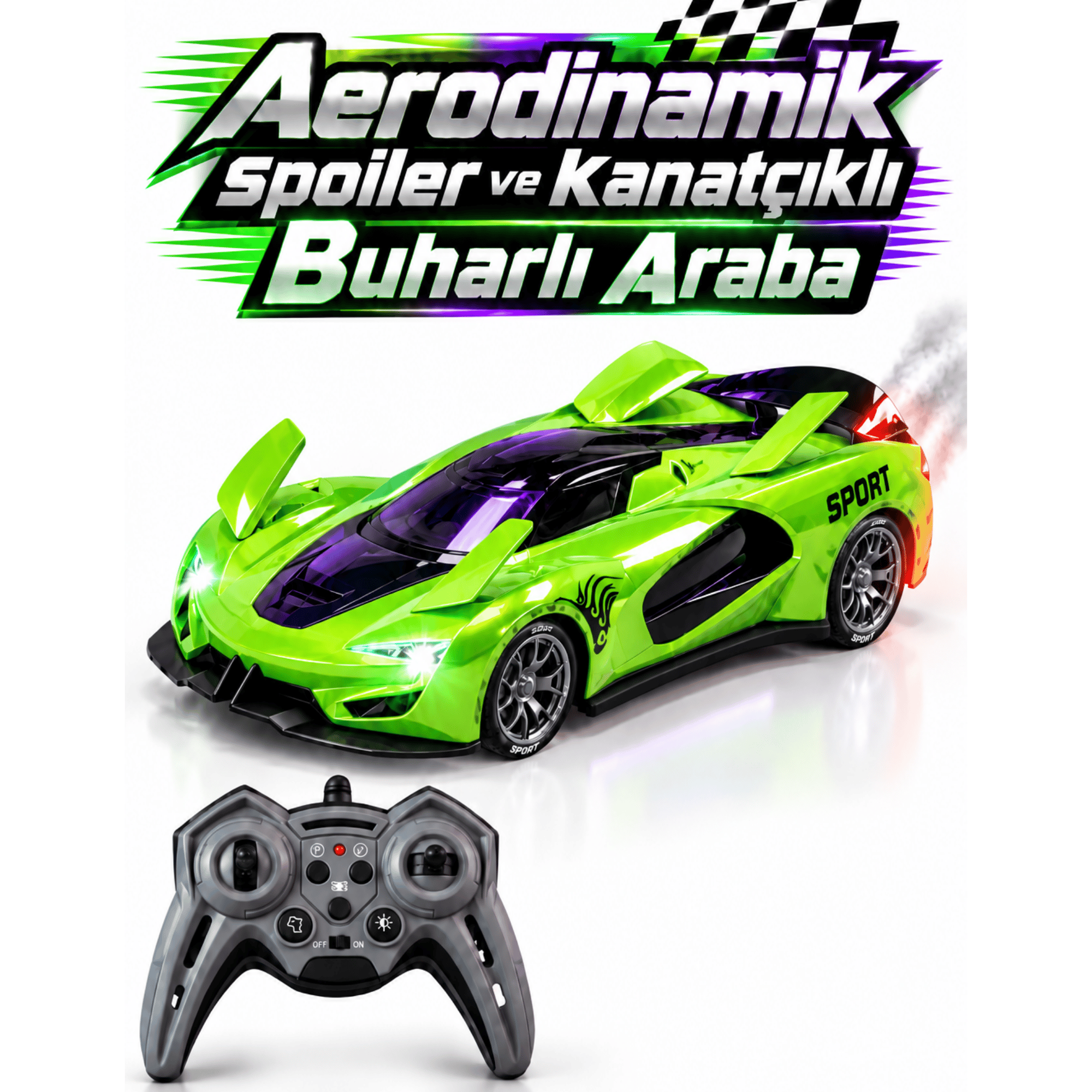 Oyuncak Uzaktan Kumandalı Buharlı Araba Aerodinamik Spoiler ve Kanatçıklı LED Işıklı Dahili Şarjlı Park Simülasyonlu Drift Araba (Yeşil)
