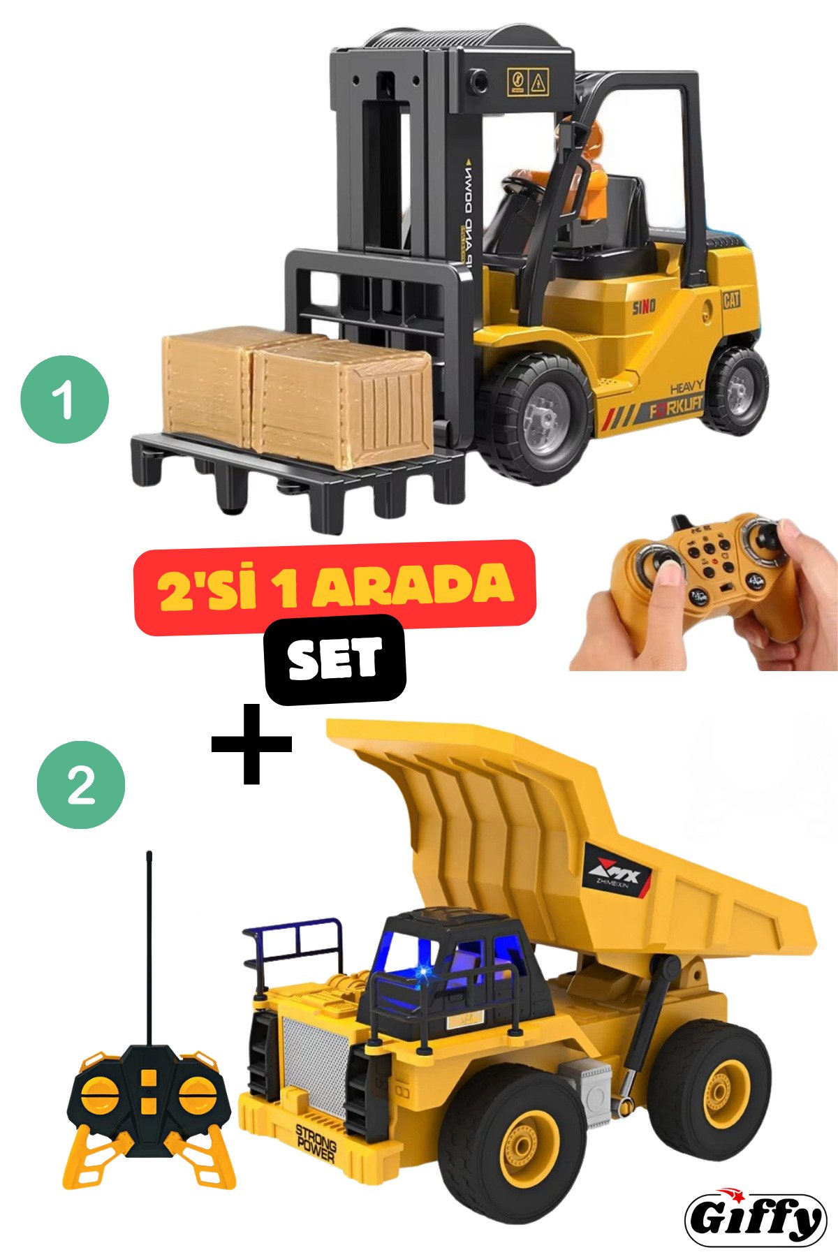 Oyuncak Uzaktan Kumandalı Buharlı Forklift ve Damperi Hareketli Kamyon Şarjlı Sesli Işıklı Set