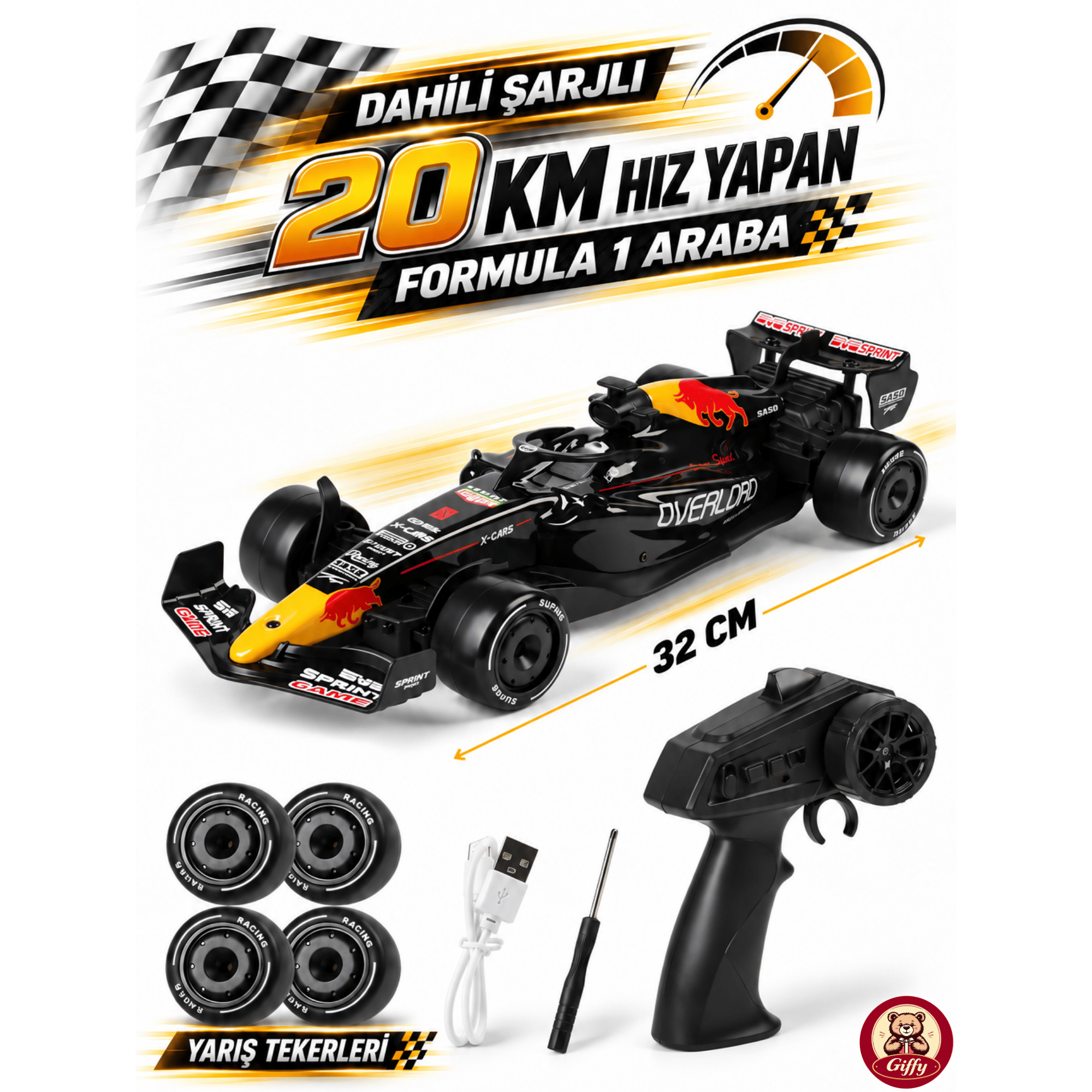 Oyuncak Uzaktan Kumandalı Formula 1 RC Drift Yarış Arabası – 20 Km/sa Hız, Hassas Gaz Kontrolü, LED Işık ve Type-C Şarj (Siyah)