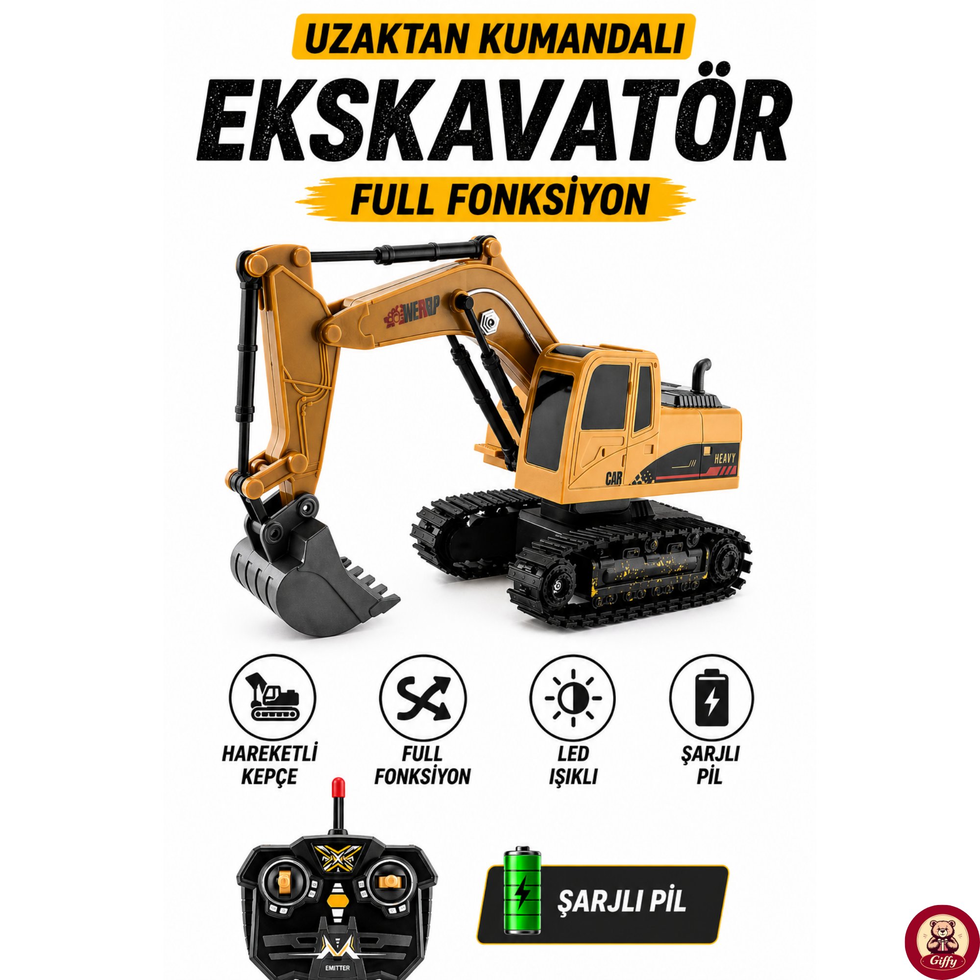 Oyuncak Uzaktan Kumandalı Şarjlı Ekskavatör Oyuncak Kepçe Full Fonksiyon LED Işıklı Paletli İş Makinesi RC İş Makinesi