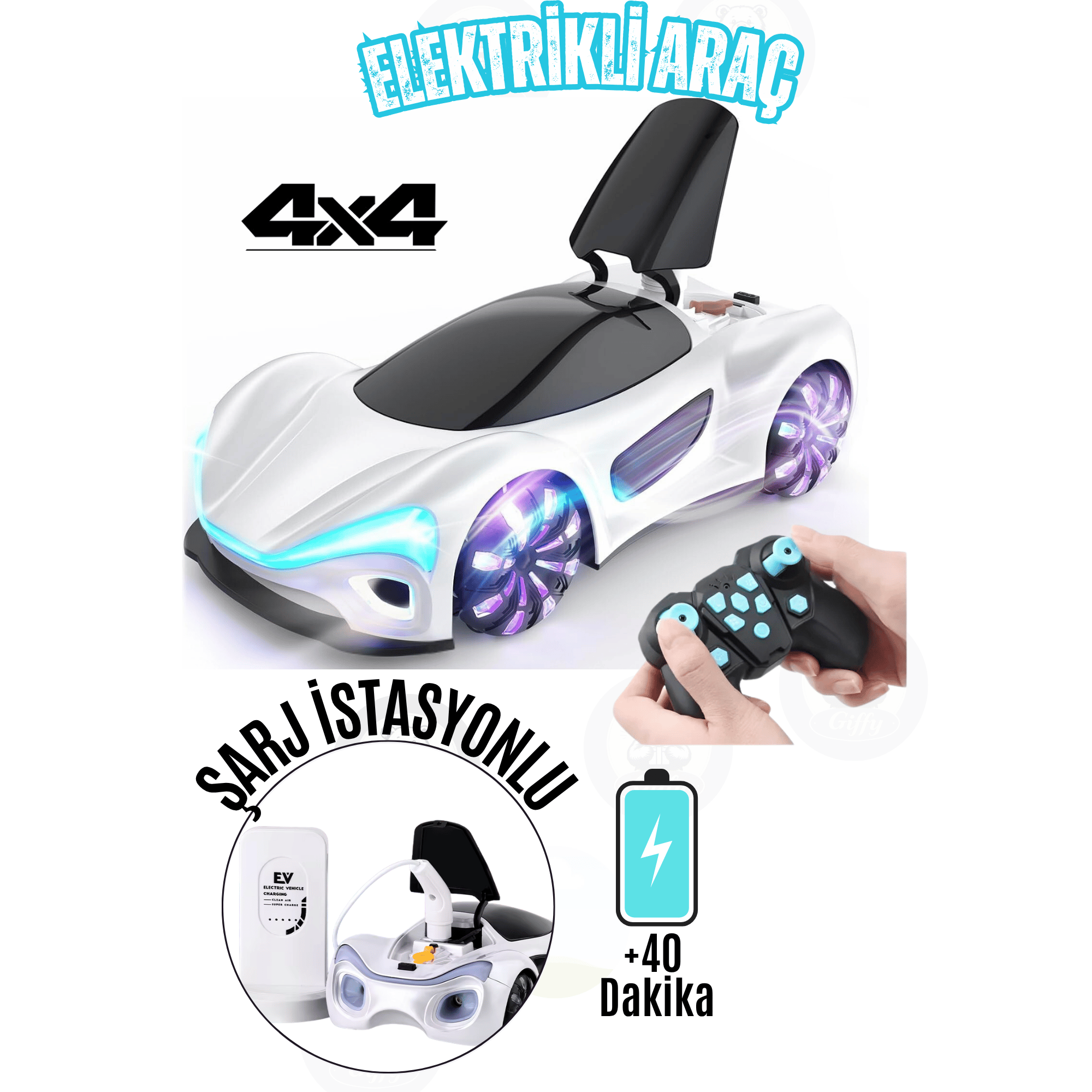 Oyuncak Uzaktan Kumandalı Şarjlı Elektrikli Araba 4X4 Şarj İstasyonlu Led Işıklı Sesli Müzikli RC (Beyaz)