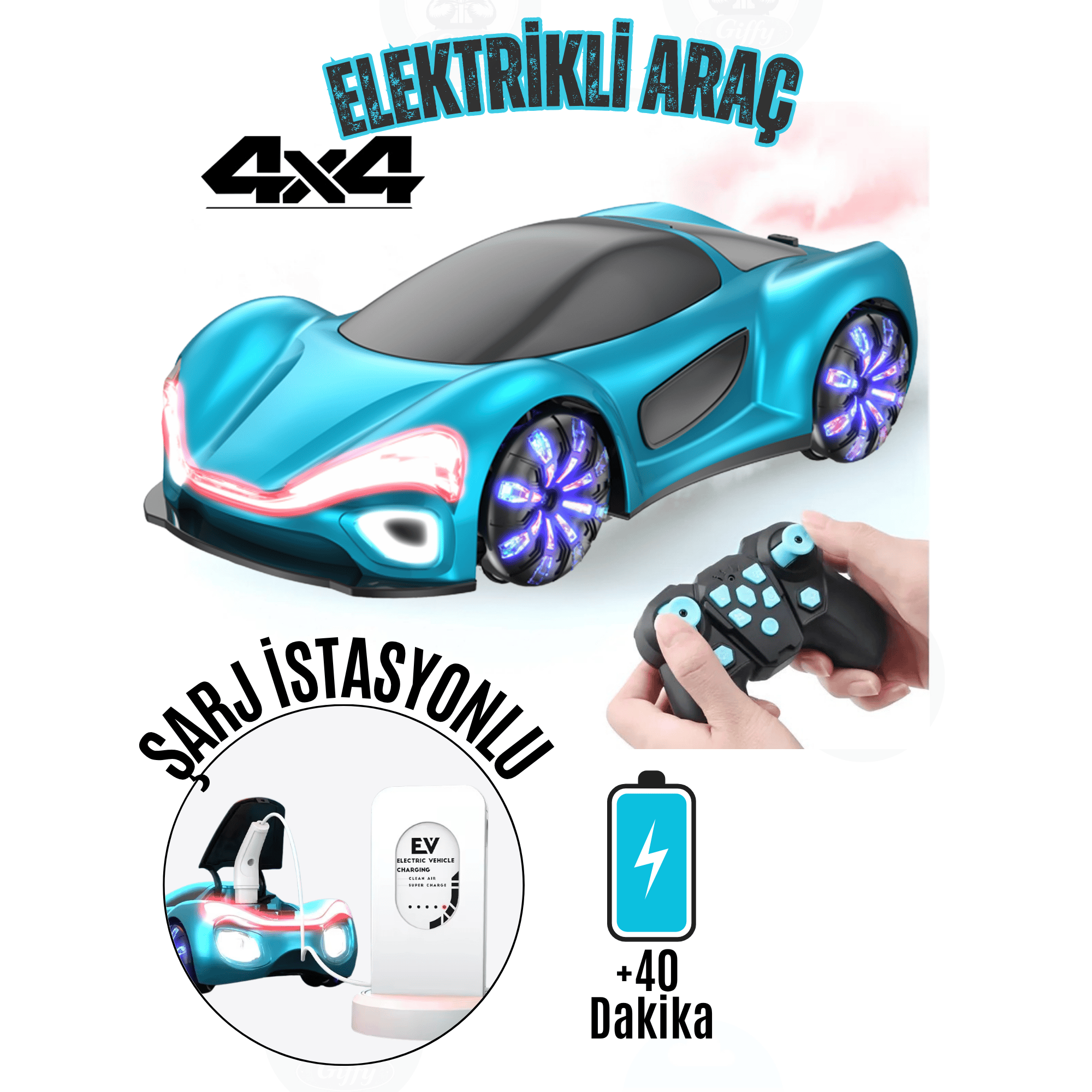 Oyuncak Uzaktan Kumandalı Şarjlı Elektrikli Araba 4X4 Şarj İstasyonlu Led Işıklı Sesli Müzikli RC (Mavi)