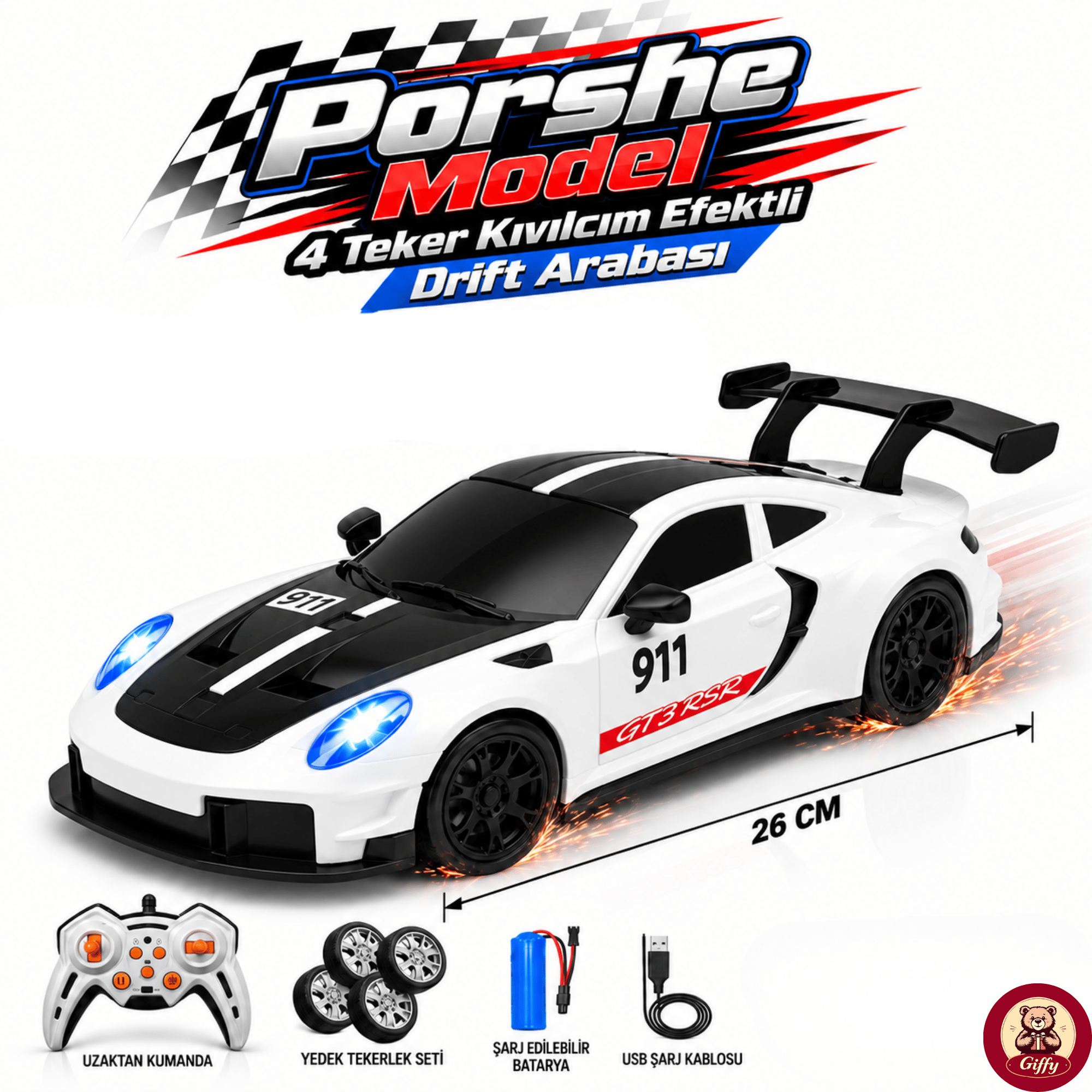 Uzaktan Kumandalı 4 Teker Kıvılcım Efektli Porsche Model Drift Arabası Şarjlı Işıklı Sesli RC Spor Araba Sert Dayanıklı Malzemeden Üretilmiş (Beyaz)