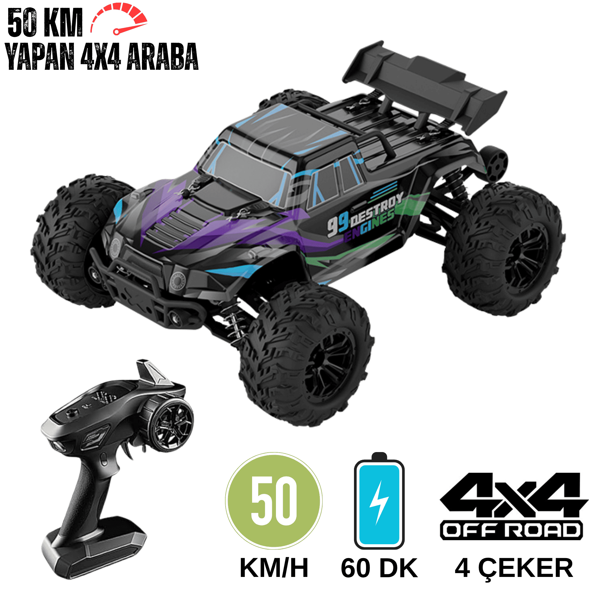 Uzaktan Kumandalı 50 Km/hız Yapan Rc Araba, Suv 4x4 Full Iç Metal Kasa Şarjlı Fonksiyonlu Dev Araba Mor