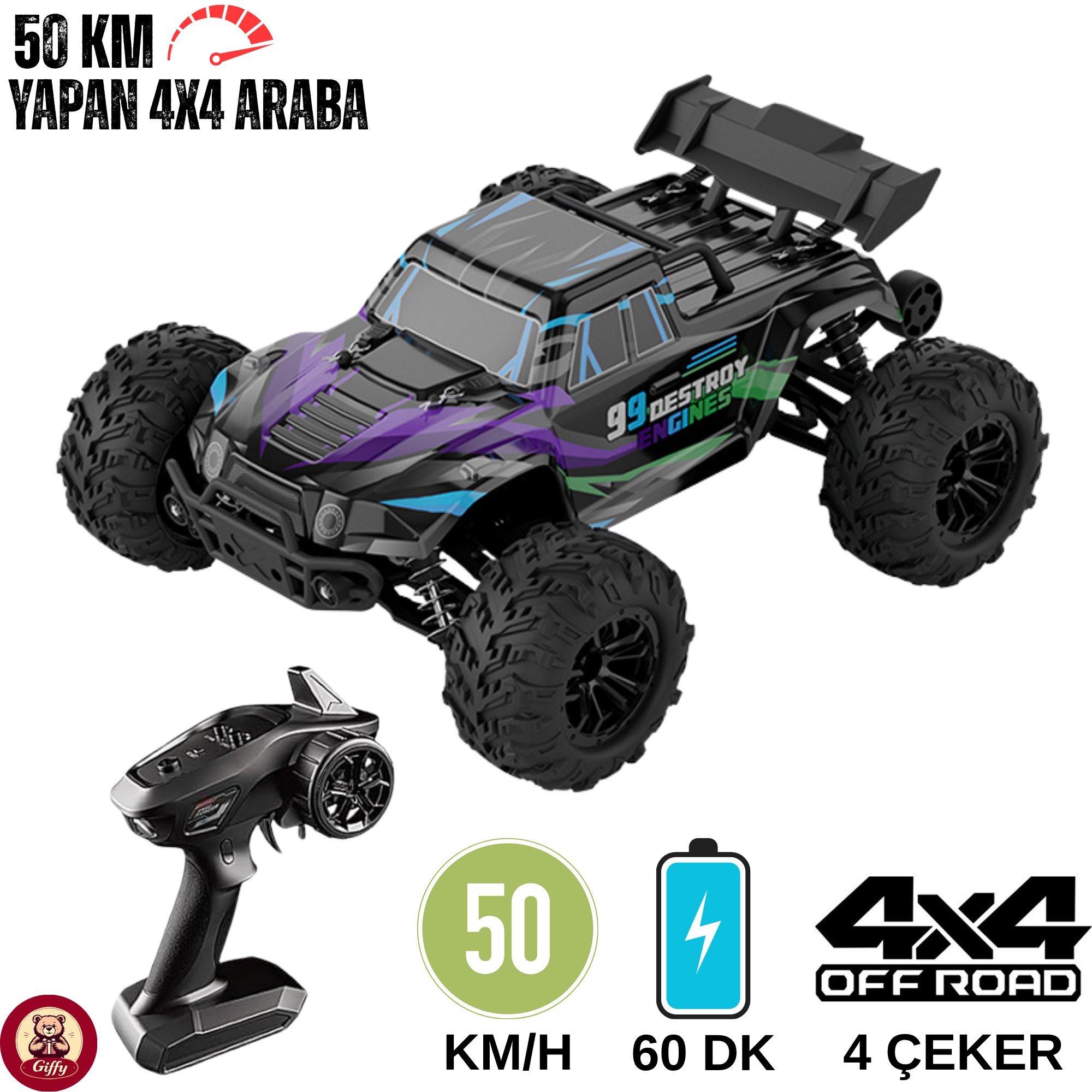 Uzaktan Kumandalı 50 Km/Hız Yapan RC Araba, SUV 4X4 Full İç Metal Kasa Şarjlı Fonksiyonlu Dev Araba (Mor)