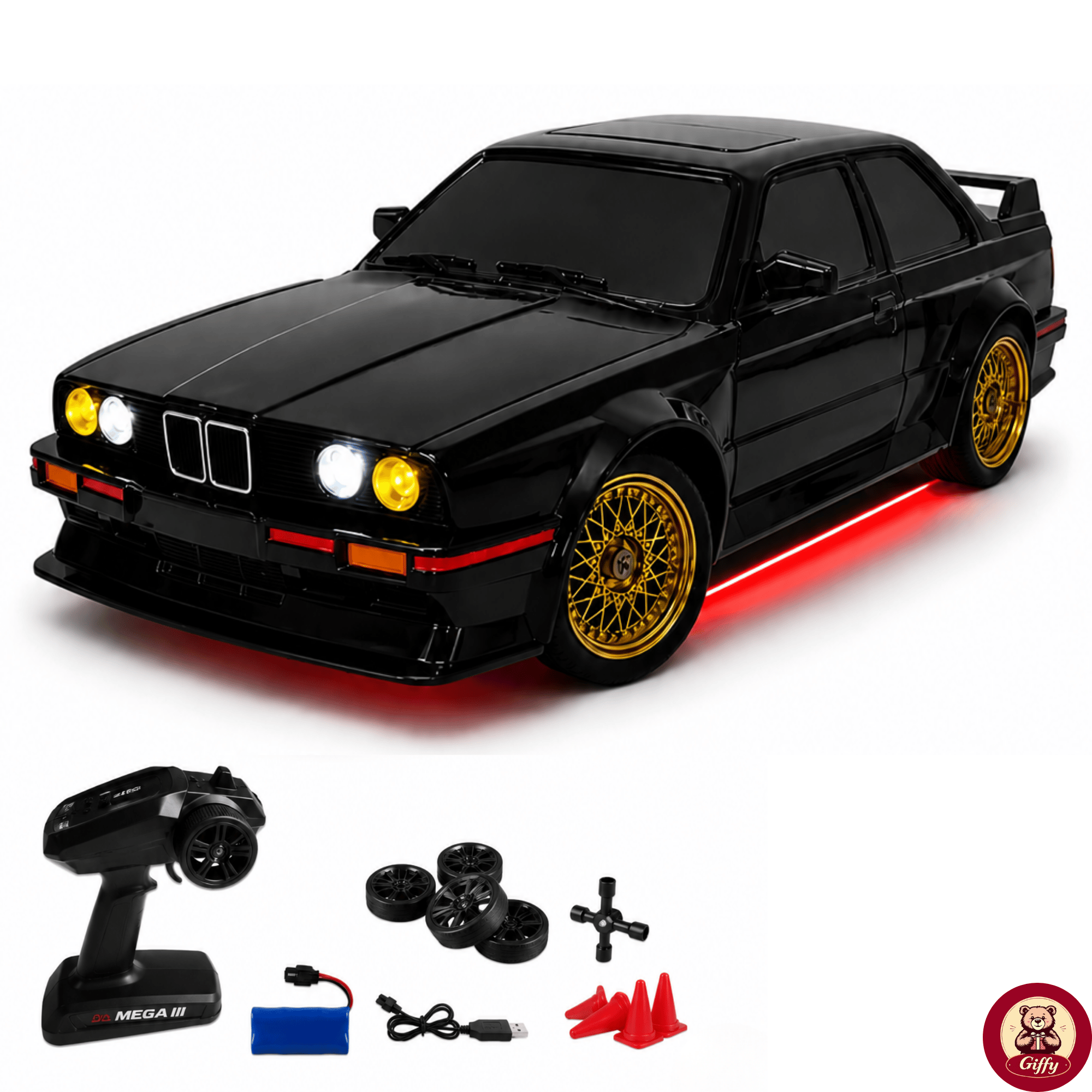 Uzaktan Kumandalı BMW E30 Drift Arabası Retro Efsane Kasa 30 KM/H Sürat Yapabilen 4x4 Şarjlı Hız Ayarlı LED Işıklı 7 Farklı Renk 2 Farklı Mod (Siyah)