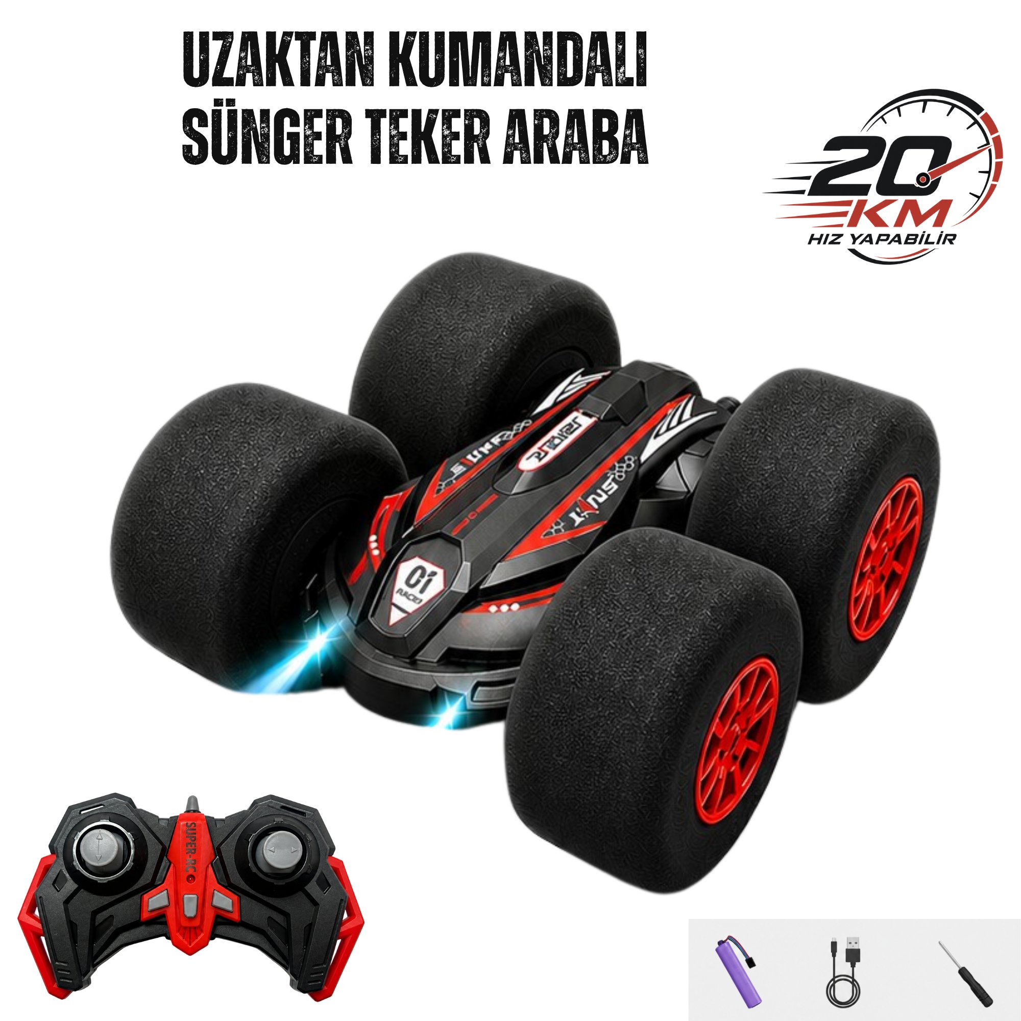 Uzaktan Kumandalı Kırılmaz Sünger Teker 20 KM/H Yapabilen 4X4 Akrobatik Drift RC Araba LED Işıklı 360° Dönebilen Şarjlı 2.4GHz Takla Atabilen
