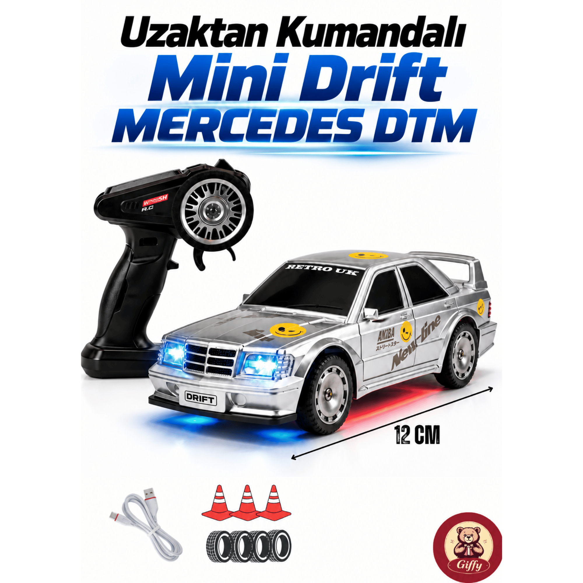 Uzaktan Kumandalı Mini Drift BMW EVO30 Model Araba Dahili Şarjlı Işıklı 4x4 Taşıma Kumandalı Hız Hassasiyetli ve Kademeli ,Kuka ve Drift Tekerleri HEDİYE 1:43 Ölçek (Gümüş)