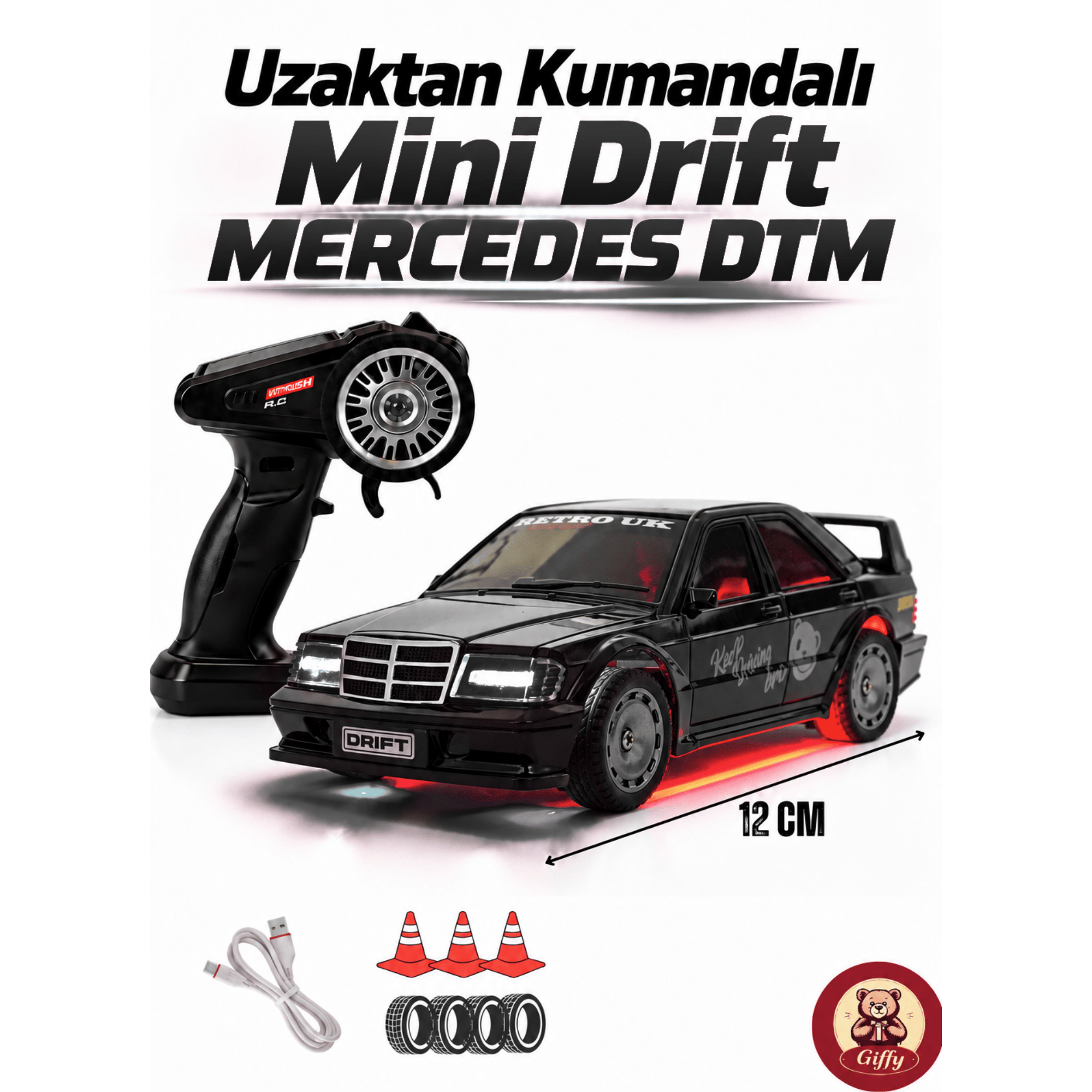 Uzaktan Kumandalı Mini Drift BMW EVO30 Model Araba Dahili Şarjlı Işıklı 4x4 Taşıma Kumandalı Hız Hassasiyetli ve Kademeli ,Kuka ve Drift Tekerleri HEDİYE 1:43 Ölçek (Siyah)