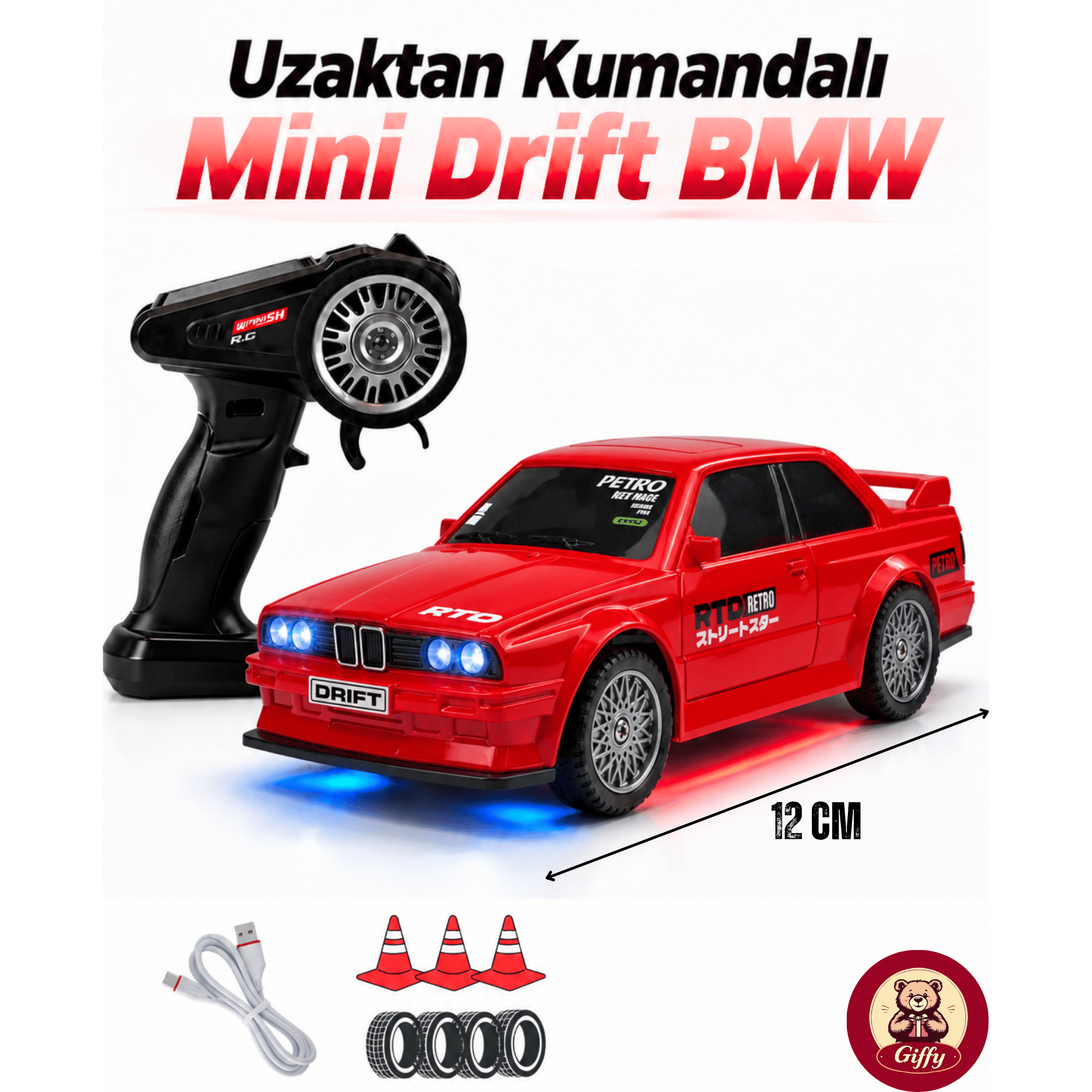 Uzaktan Kumandalı Mini Drift BMW EVO30 Model Araba Dahili Şarjlı Işıklı 4x4 Taşıma Kumandalı Hız Hassasiyetli ve Kademeli ,Kuka ve Drift Tekerleri HEDİYE 1:43 Ölçek (Kırmızı)
