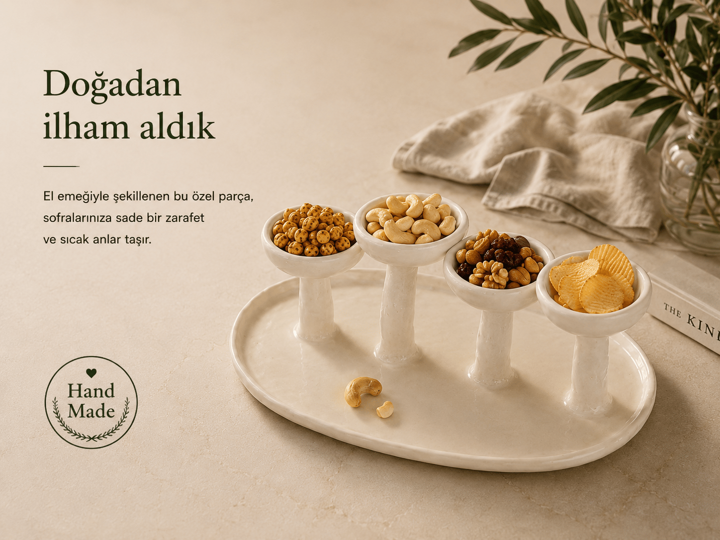 Seramik 4 lü Modern Çerezlik Krem 