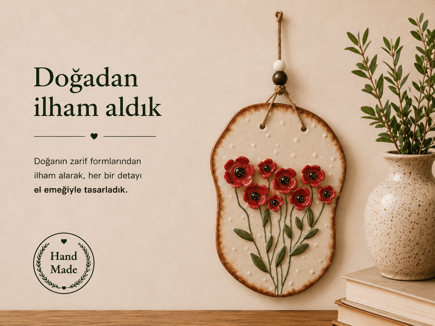 Seramik Duvar Süsü Kırmızı Çiçekli Kabartma Duvar Tablosu