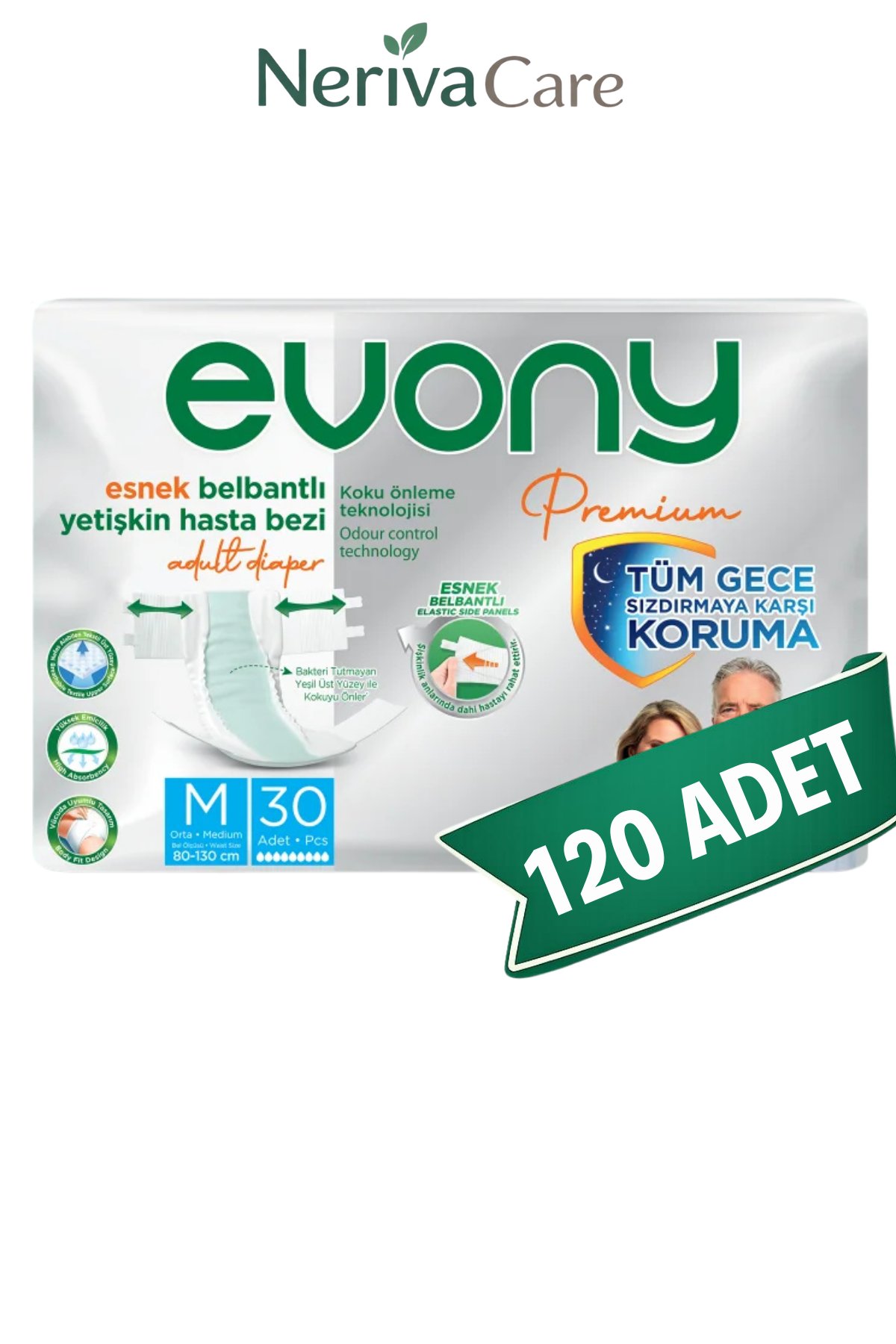 Evony Premium Bel Bantlı Yetişkin Hasta Bezi M 120 Adet (30'lu x 4 Paket) | Yüksek Emicili Bel Bantlı Hasta Bezi