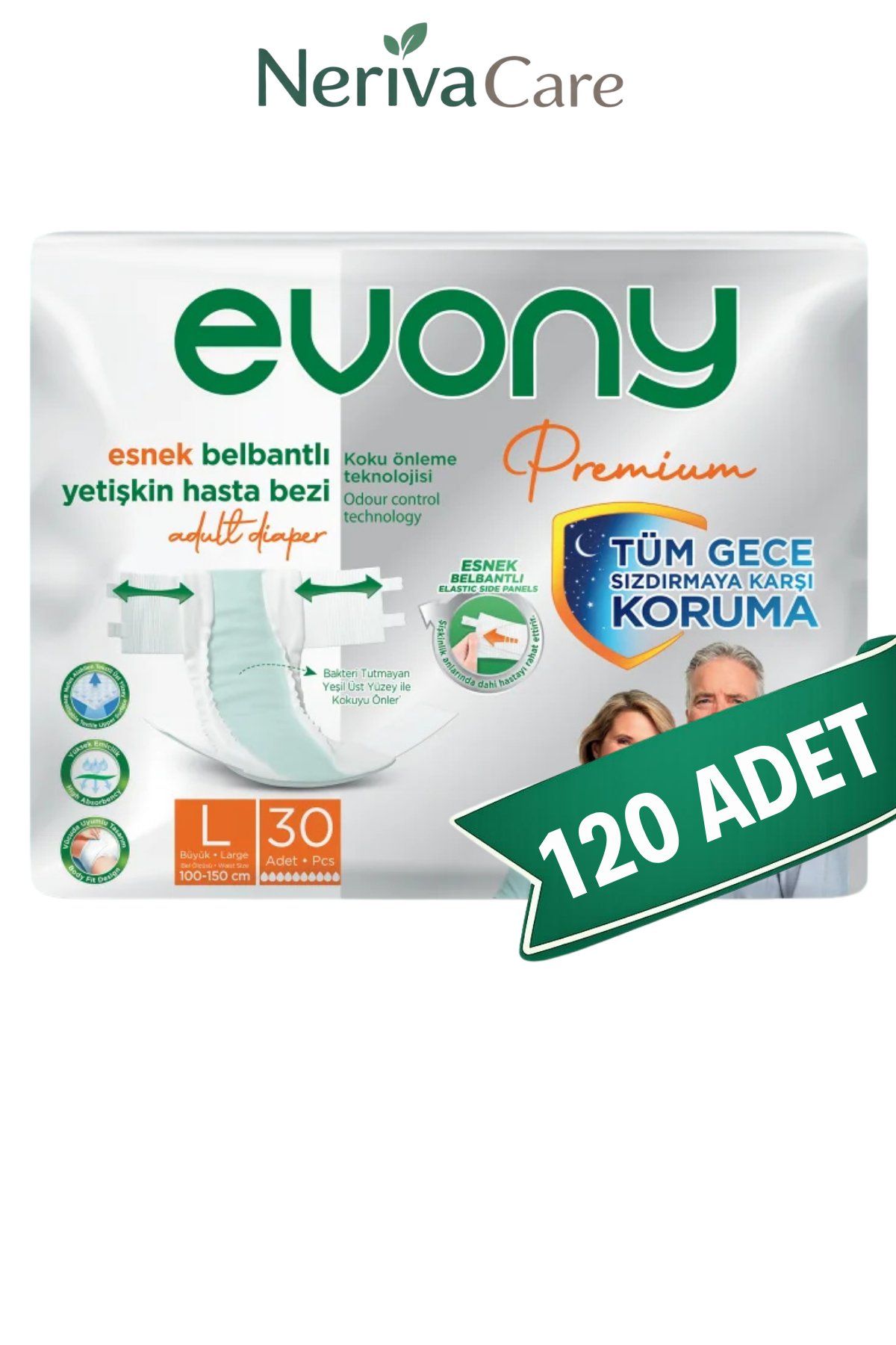Evony Premium Bel Bantlı Yetişkin Hasta Bezi L 120 Adet (30'lu x 4 Paket) | Büyük Boy Yüksek Emicili Hasta Bezi