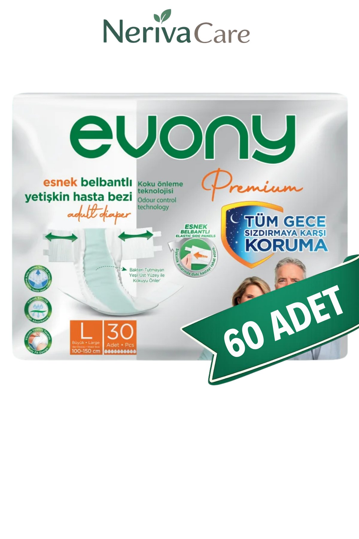 Evony Premium Bel Bantlı Yetişkin Hasta Bezi L 60 Adet (30'lu x 2 Paket) | Büyük Boy Emici Hasta Bezi