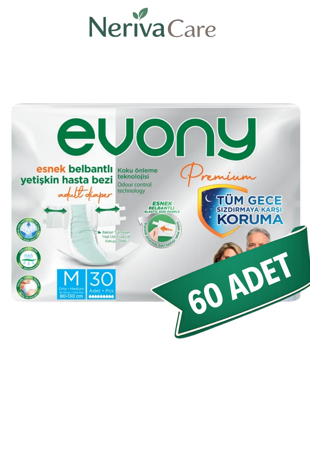 Evony Premium Bel Bantlı Yetişkin Hasta Bezi M 60 Adet (30'lu x 2 Paket) | Orta Boy Emici Hasta Bezi