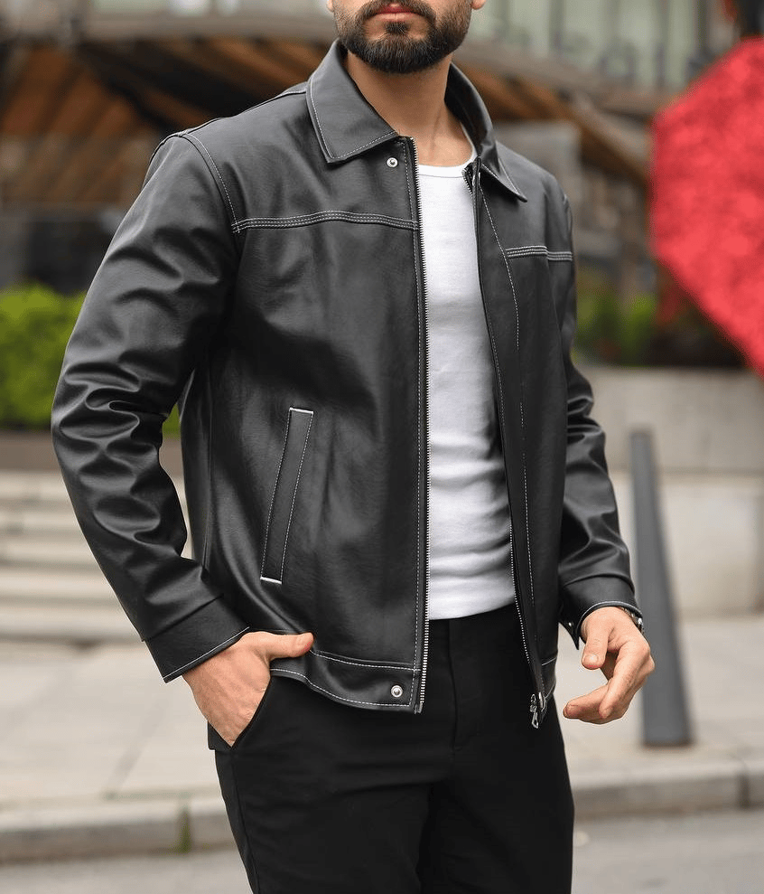 Beyaz Dikiş Detaylı Siyah Deri Ceket