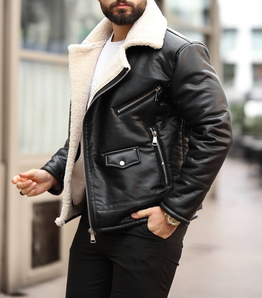 Biker Deri İçi Beyaz Kürklü Siyah Mont