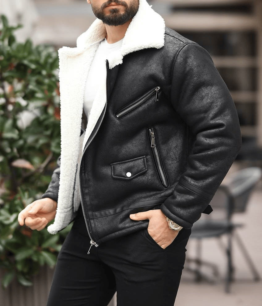 Biker Napa Deri İçi Beyaz Kürklü Siyah Mont