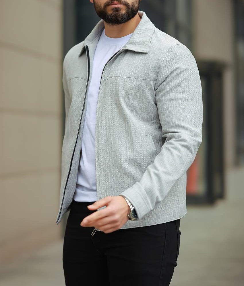 Kendinden Çizgili Açık Gri Polo Yakalı Ceket