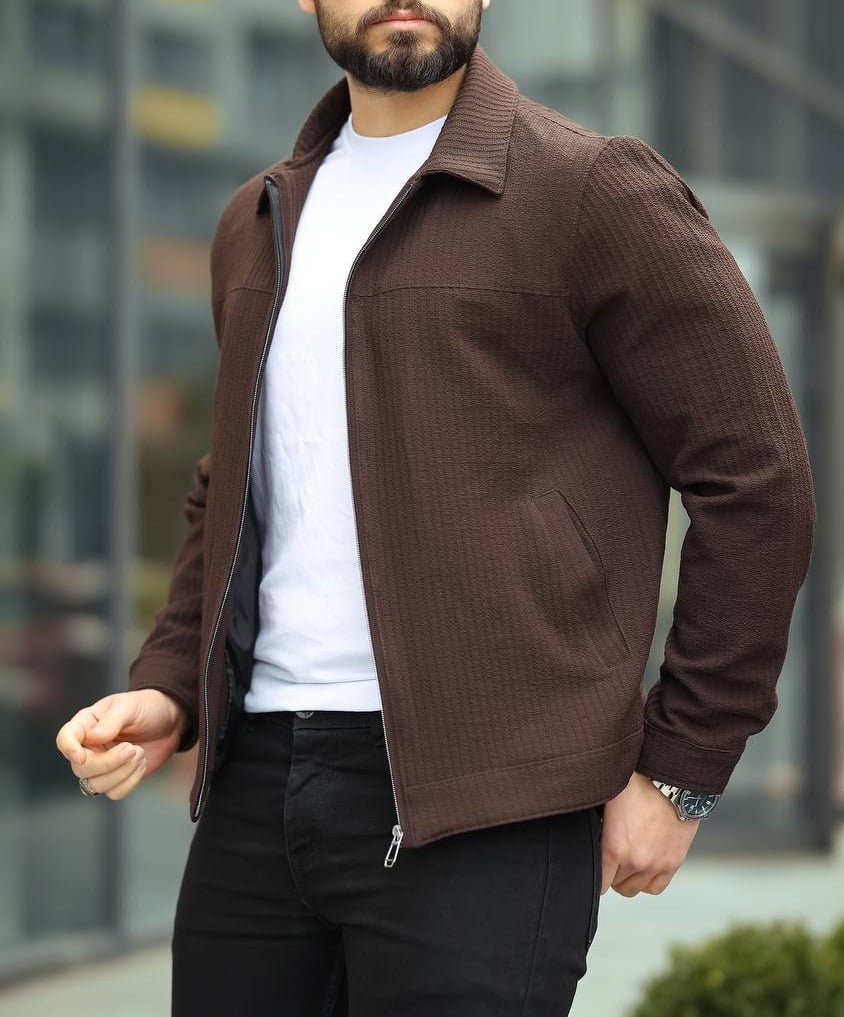 Kendinden Çizgili Kahve Polo Yakalı Ceket