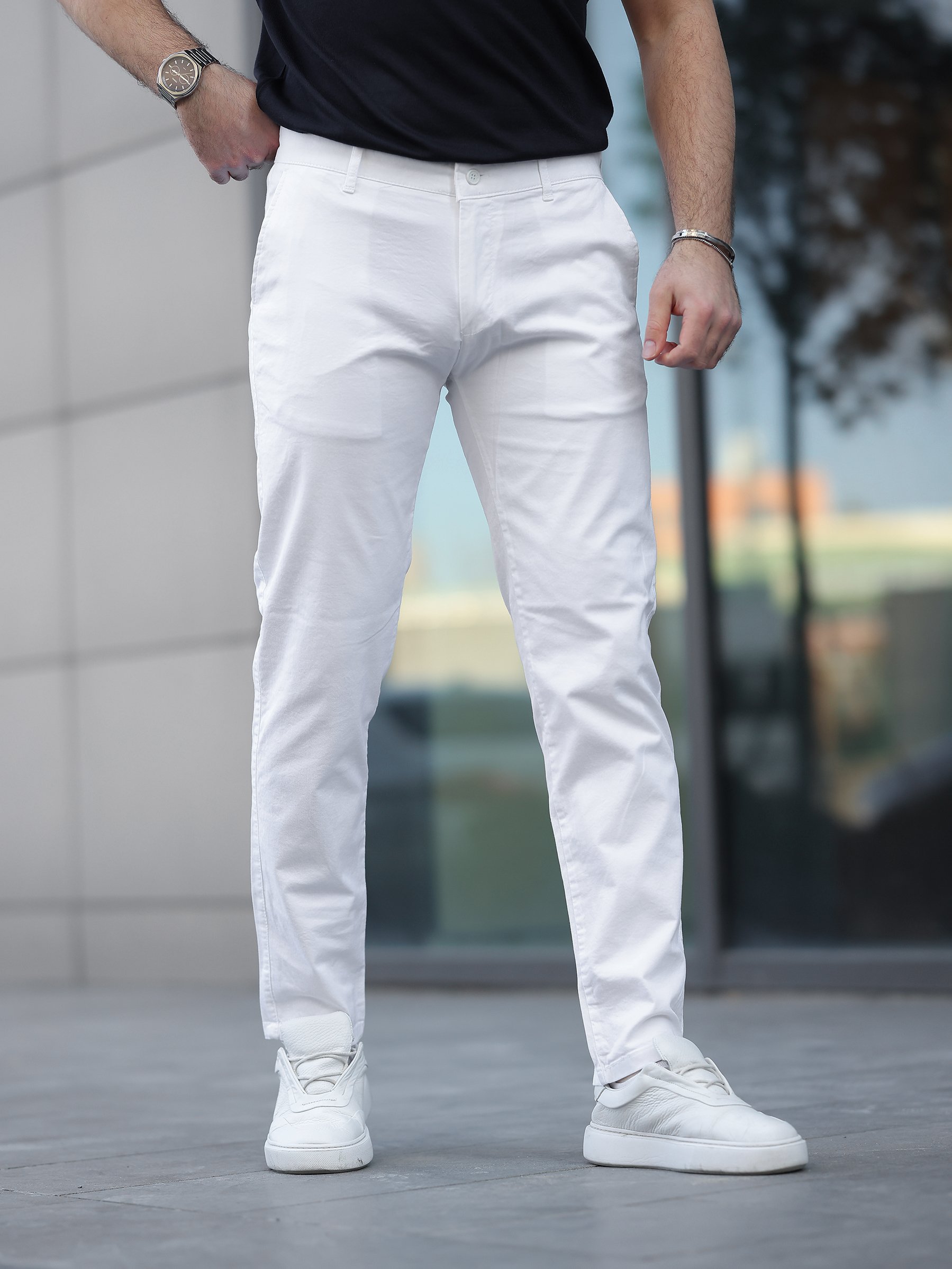 Slim Fit Chino Keten Beyaz Pantolon