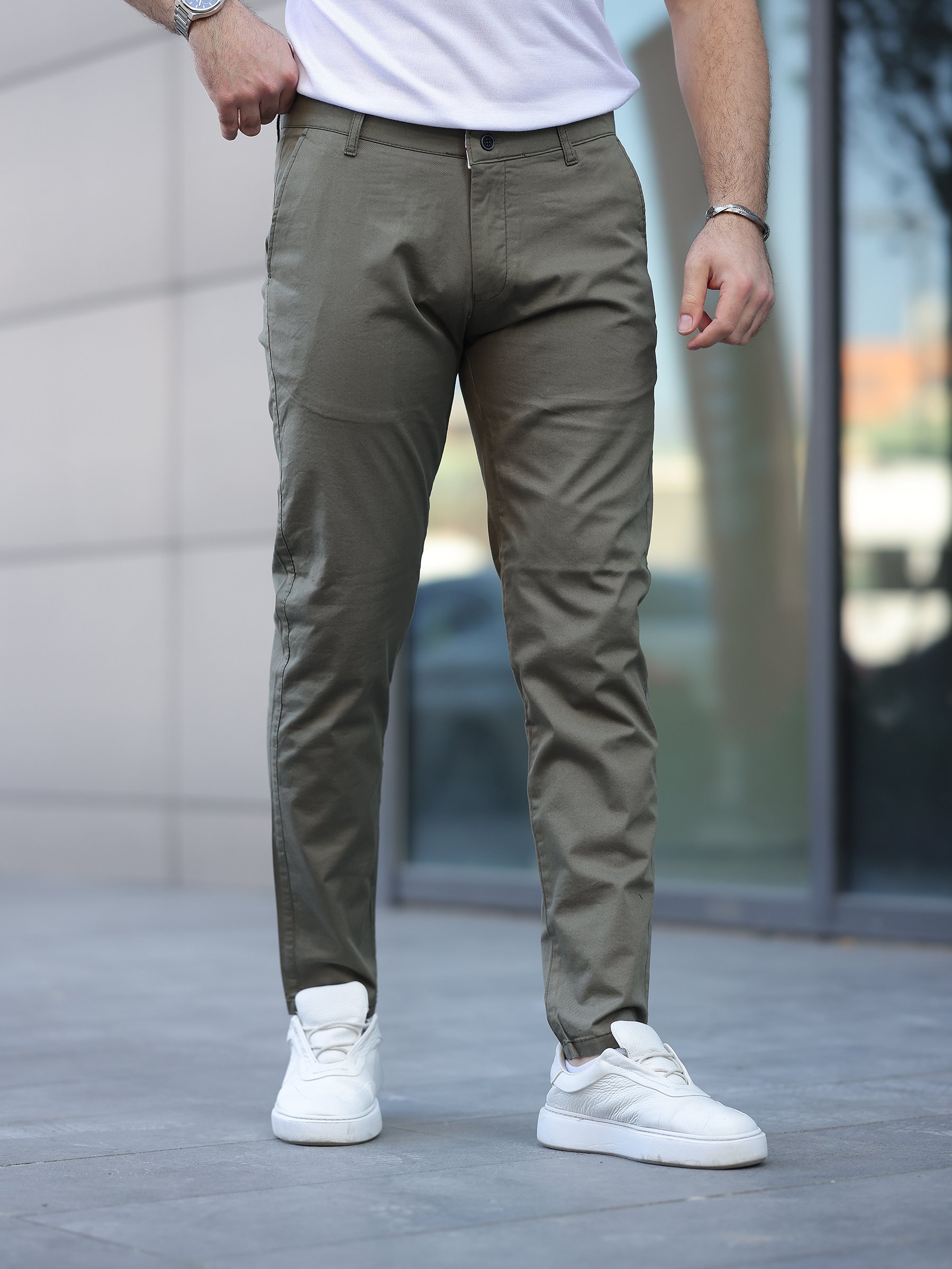 Slim Fit Chino Keten Haki Pantolon