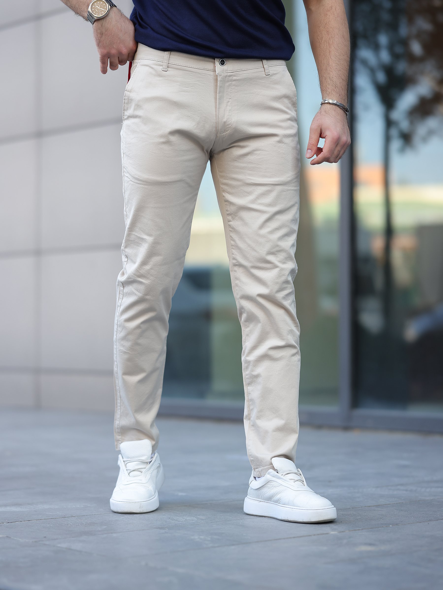 Slim Fit Chino Keten Krem Pantolon