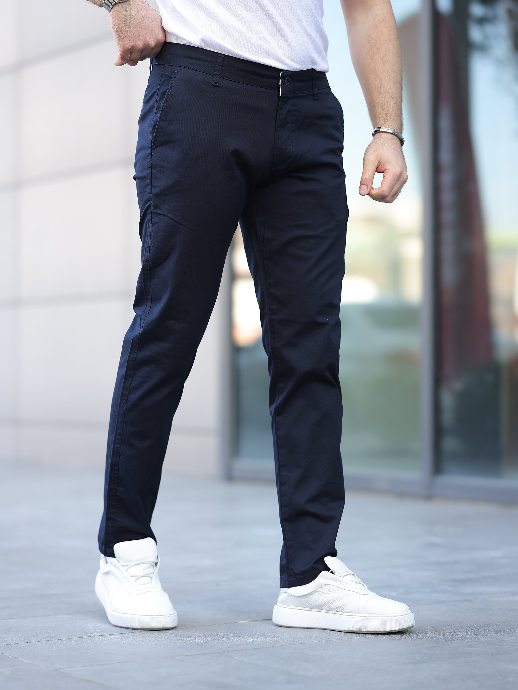 Slim Fit Chino Keten Lacivert Pantolon