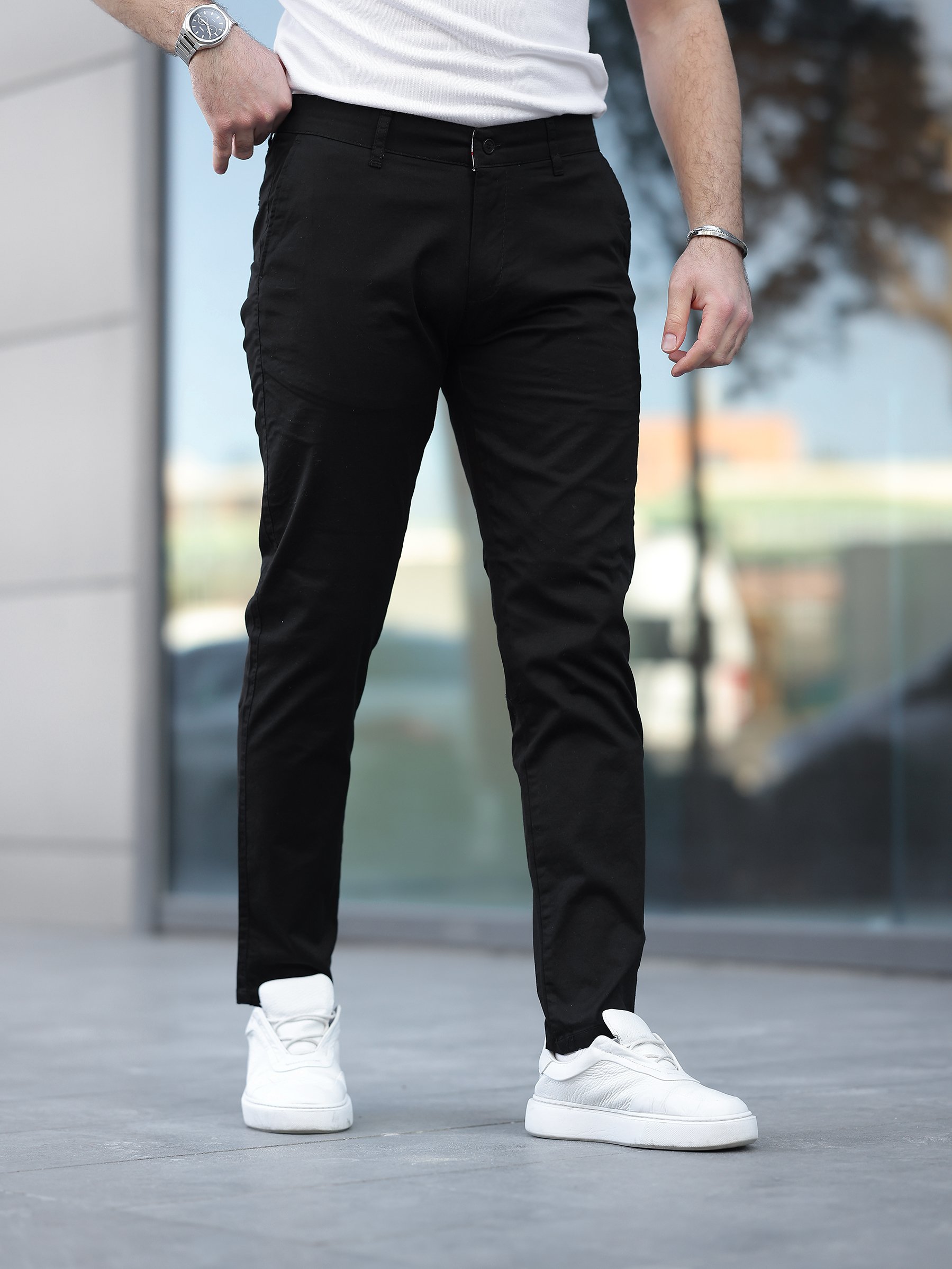 Slim Fit Chino Keten Siyah Pantolon