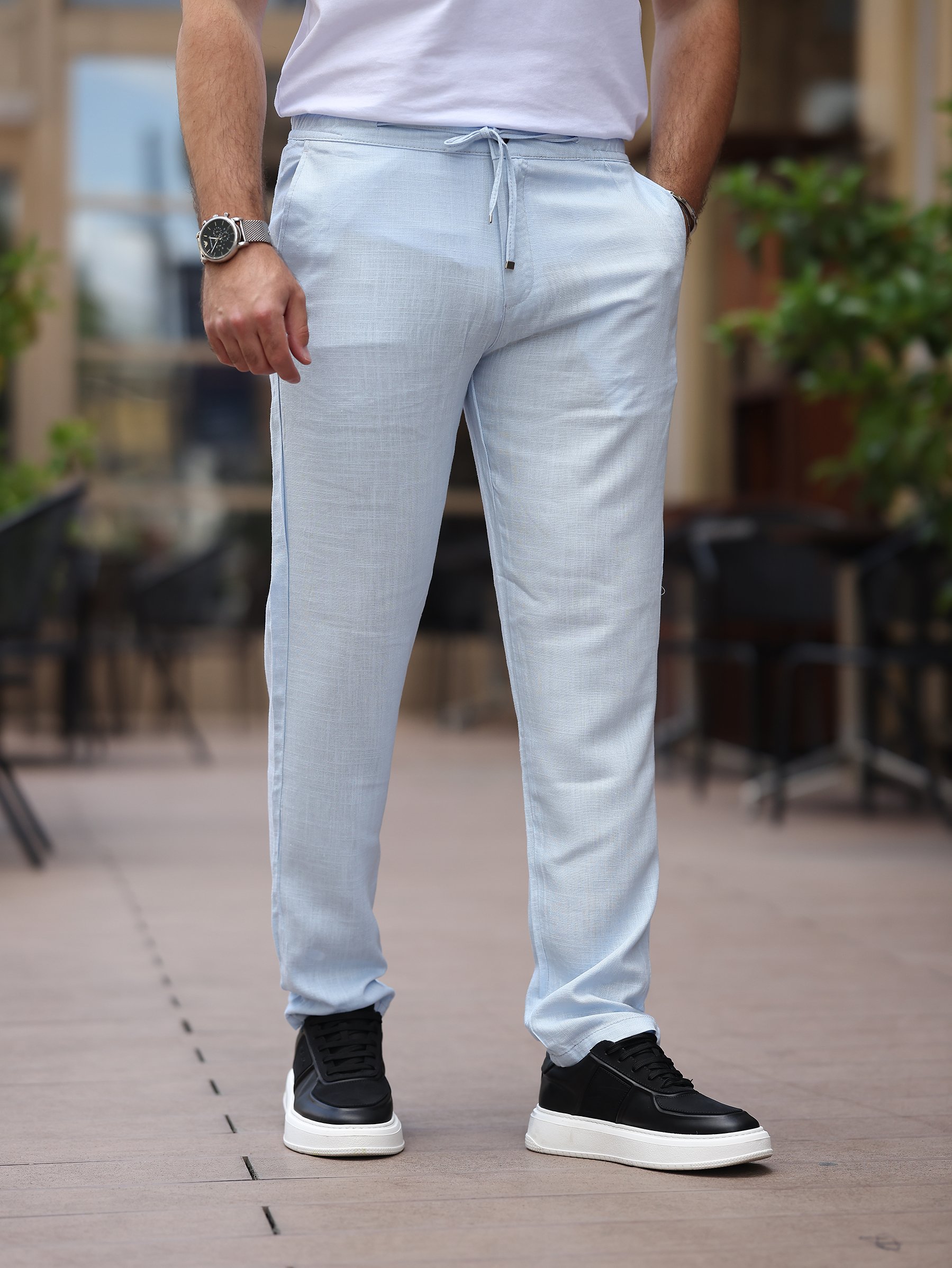 Yazlık İnce Keten Jogger Bebe Mavisi Pantolon
