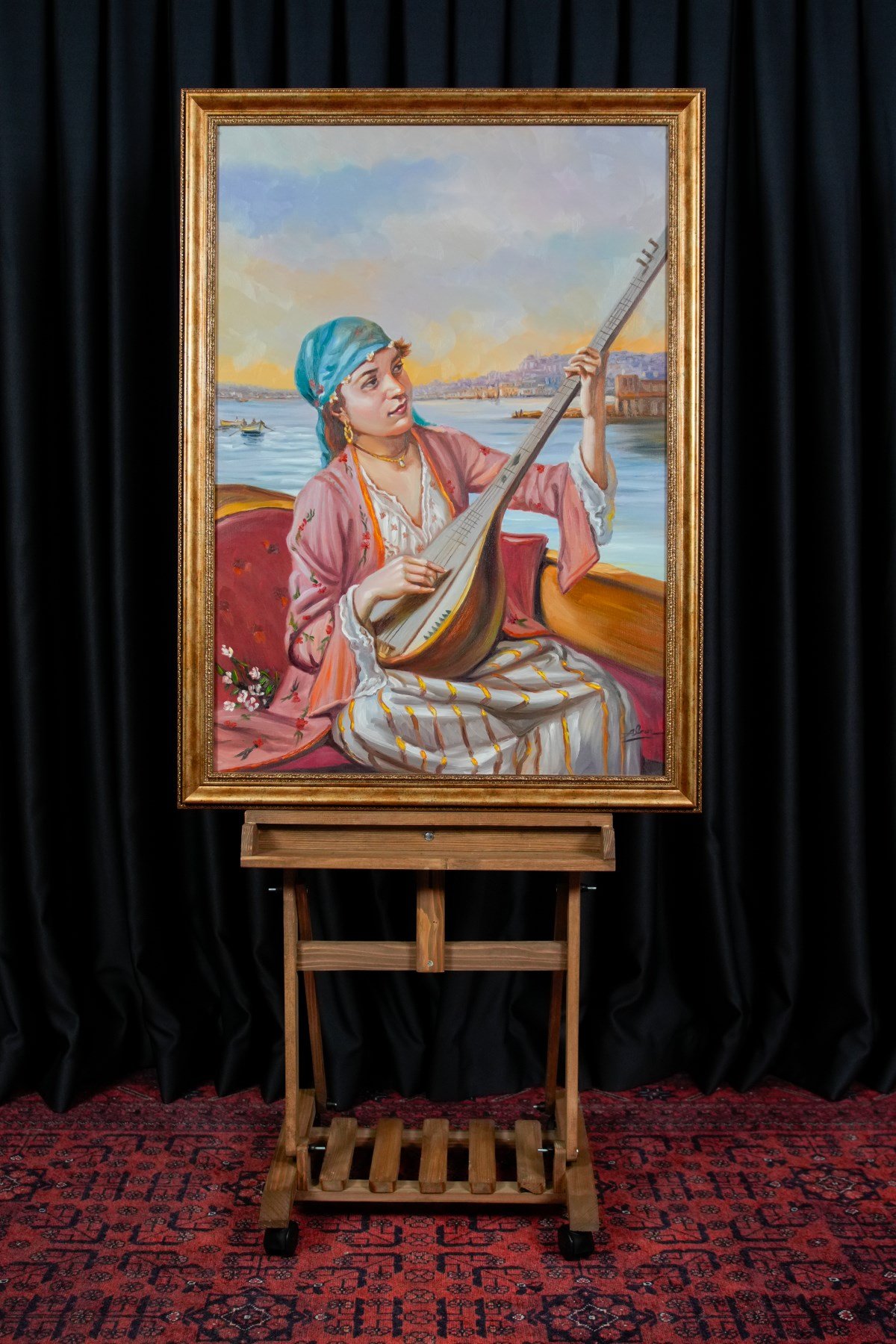 Bağlama Sanatçısı Kadın Temalı Yağlı Boya Tablo