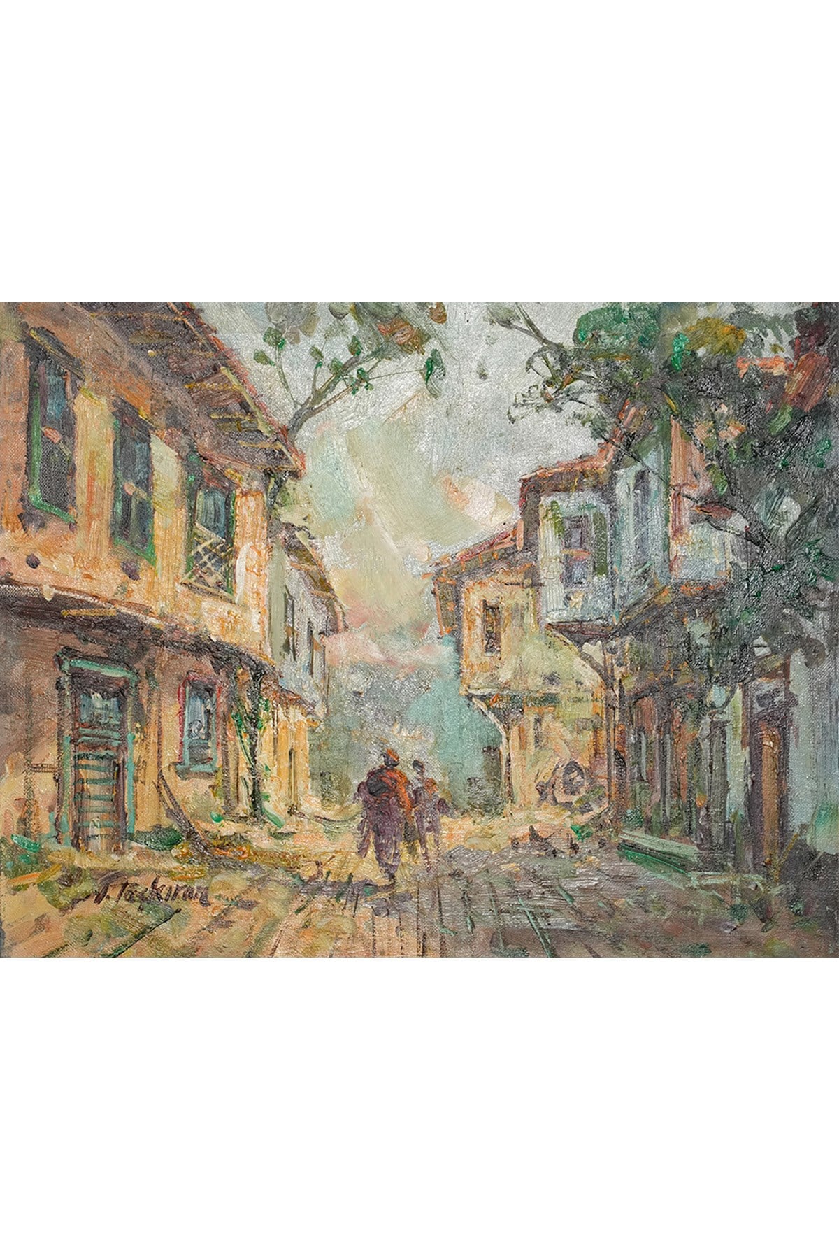 Cumbalı Evlerin Gölgesinde Taş Sokak ve Figürler