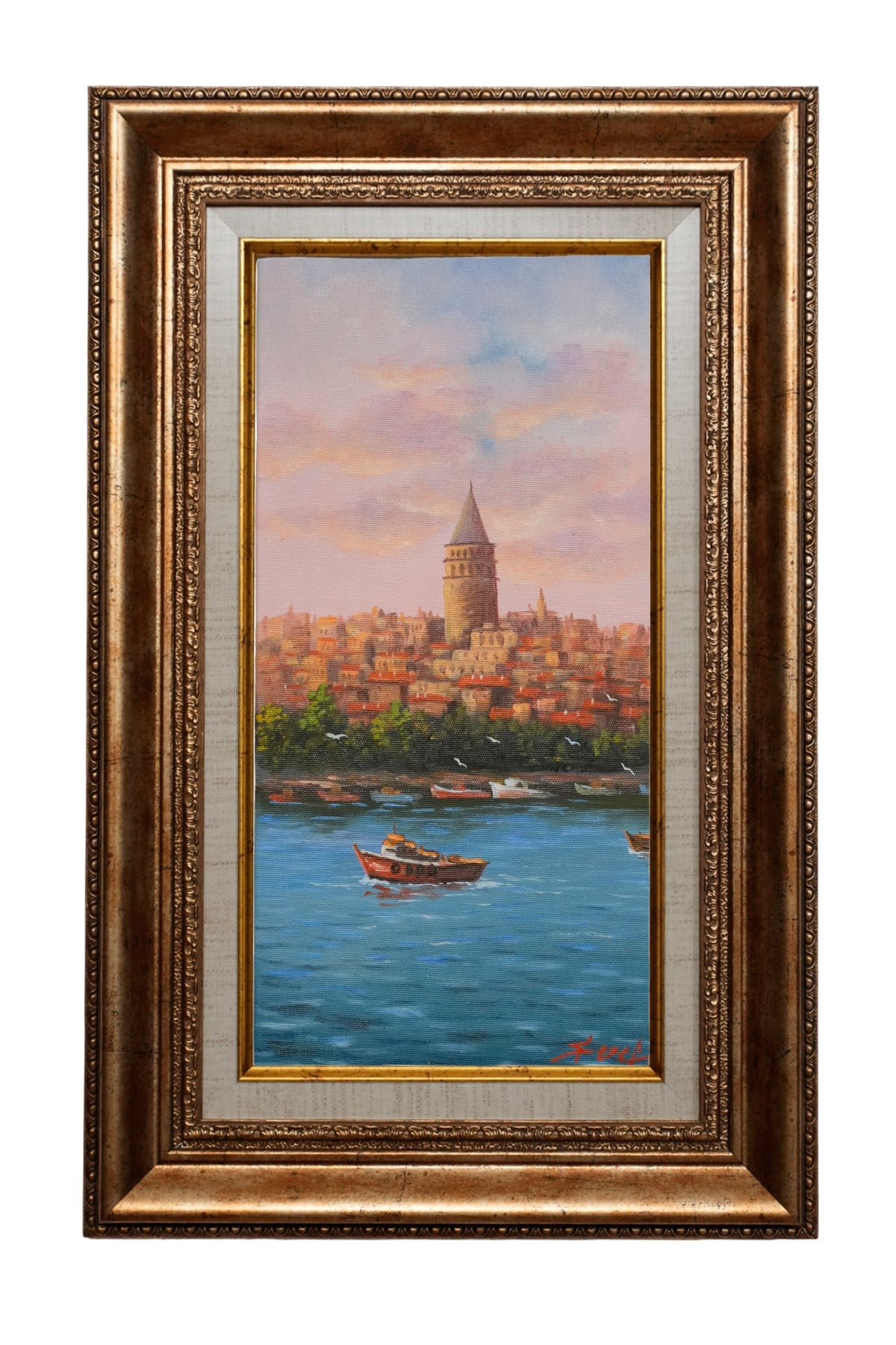 Galata Kulesi Boğaz Manzarası ve Balıkçı Teknesi Yağlı Boya Tablo