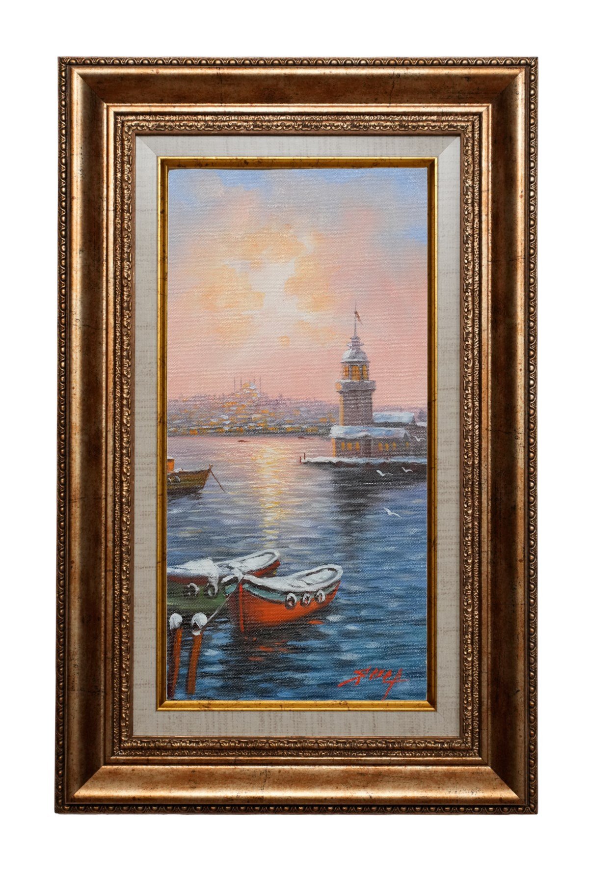 Kız Kulesi'nde Pembe Akşam – İstanbul Boğazı Yağlı Boya Tablo