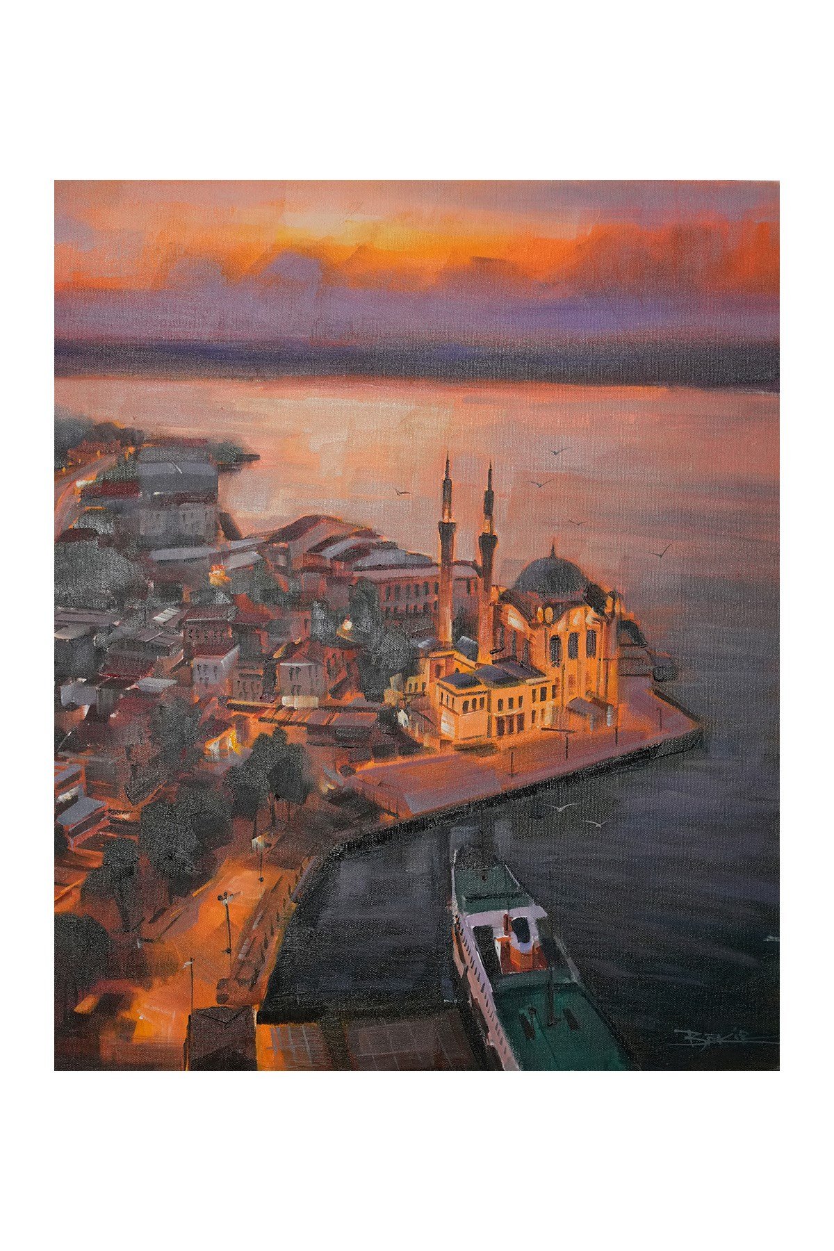 Kızıl Gökyüzü Altında Ortaköy Camii ve Vapur
