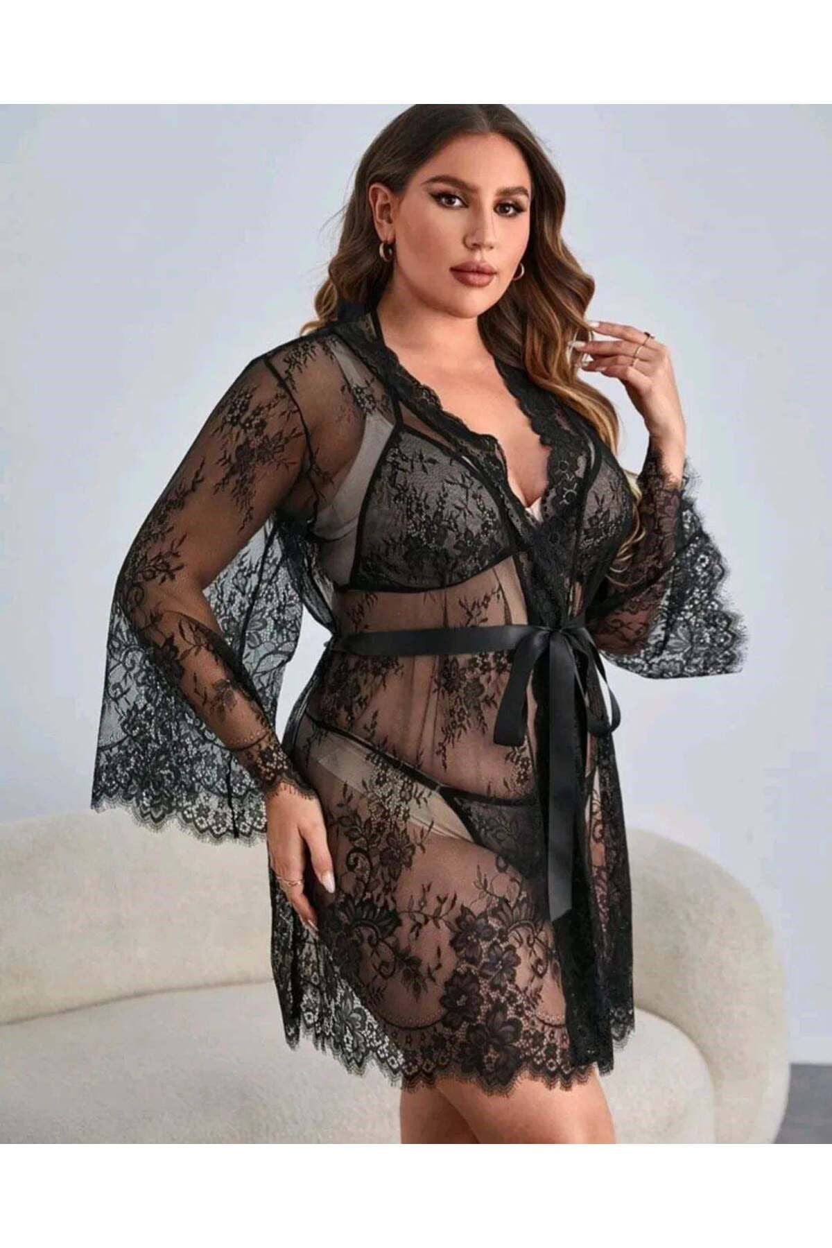 Dantel detaylı kimono ve kuşak