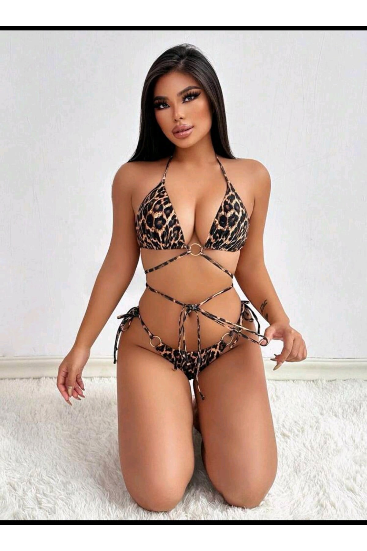 Halkalı leopar desenli bikini takım